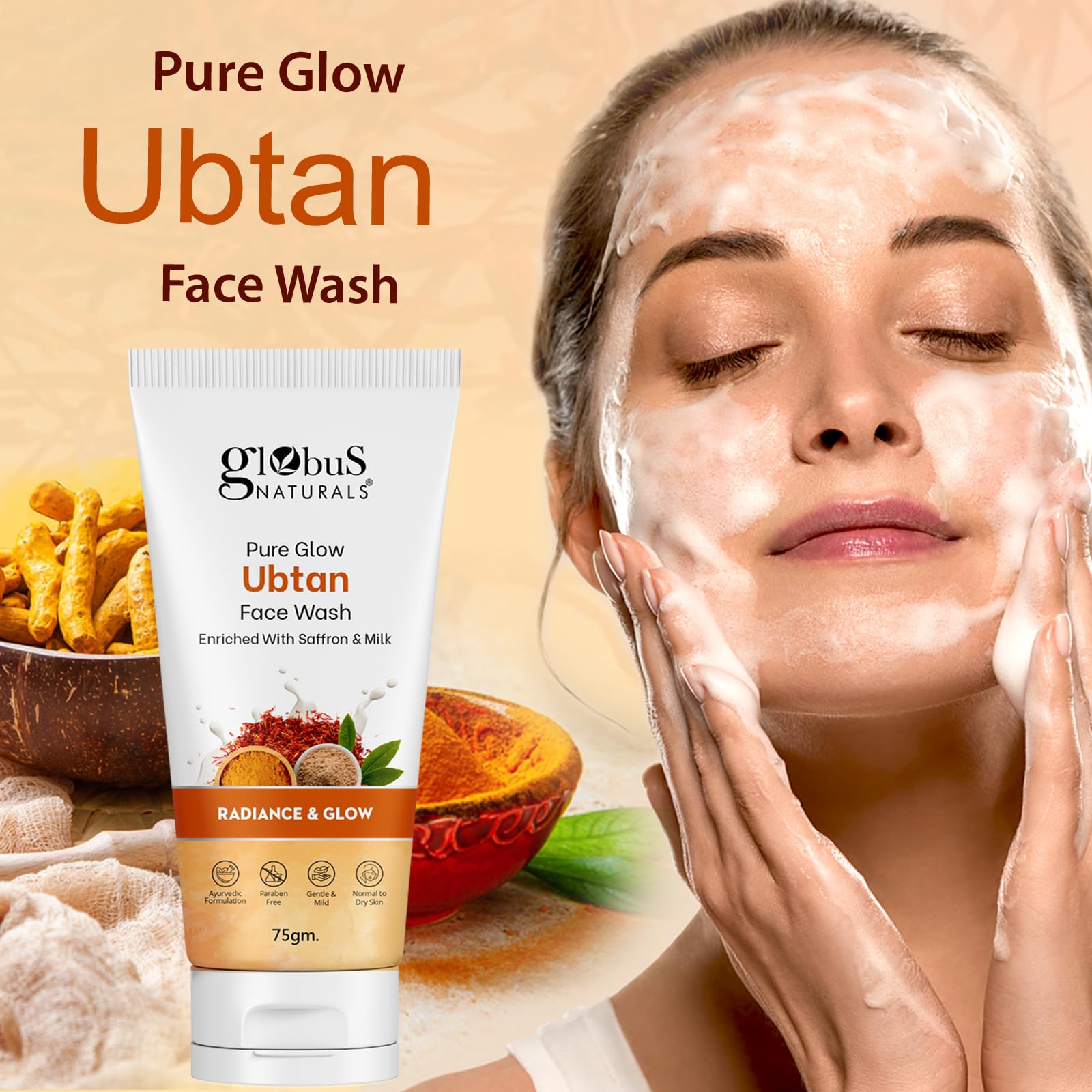 Globus Naturals Pure Glow Ubtan Face Wash with Saffron & Milk - Natural Gentle Cleanser for Radiant Skin | All Skin Types | 75g | Perfect for Daily Skincare Routine & Brightening Dull Complexion