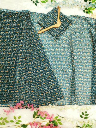 1 Minute Teal Green Printed Georgette Stitched Ready Made Saree - Perfect for Weddings, Parties & Festive Occasions