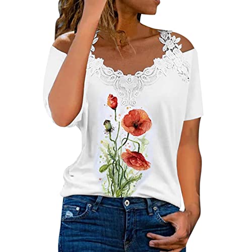 Women's Summer Casual Lace Cold Shoulder V-Neck T-Shirt - Sleeveless Pullover Blouse for Daily Wear, Outings & Parties (Red, Medium)