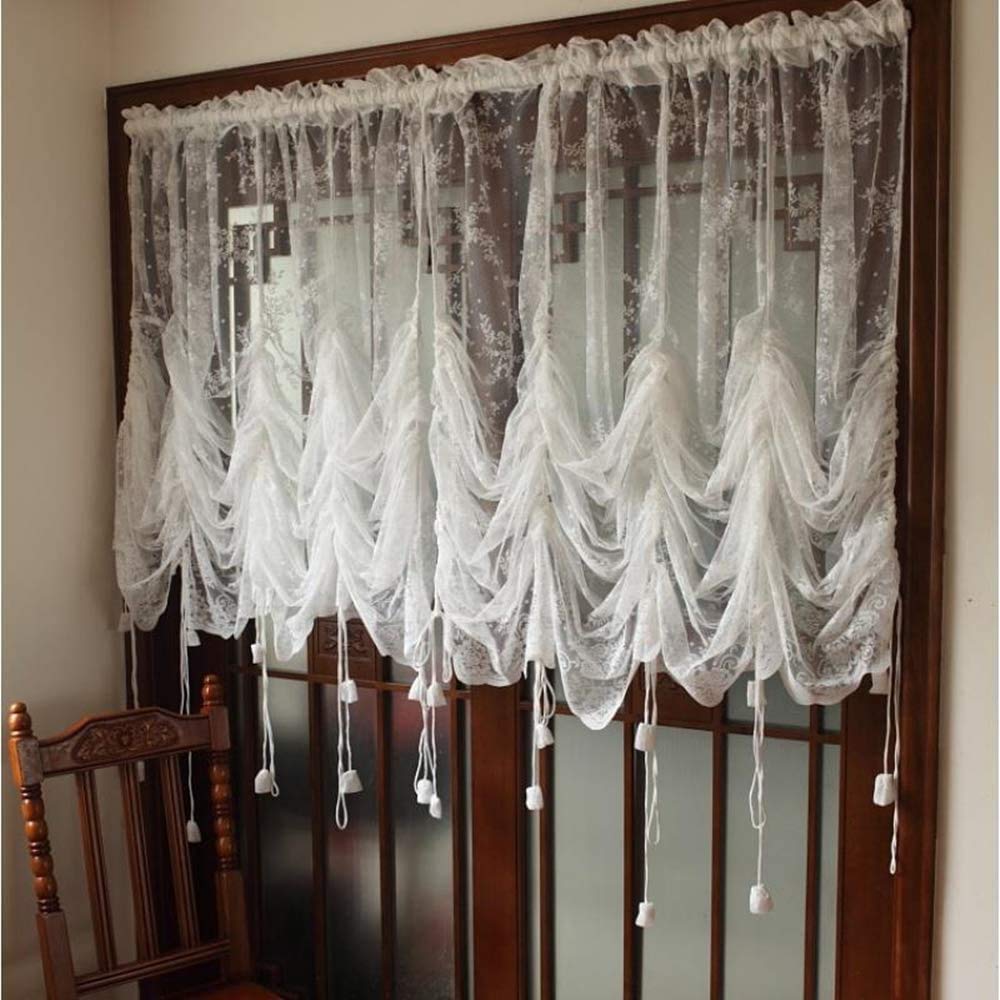 Elegant White Lace Embroidered Sheer Balloon Curtains - Adjustable Tie-Up Window Drapes with Floral Tulle Design (78