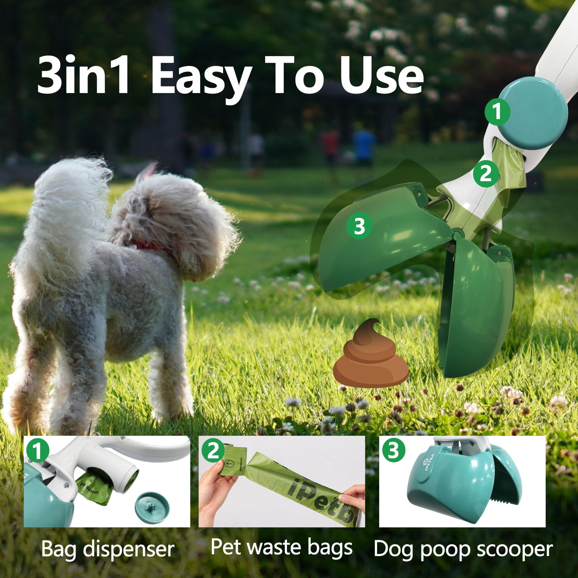 3-in-1 Portable Dog Poop Scooper with Bags - Lightweight Pet Waste Picker Upper for Lawns, Grass, Dirt & Gravel | Kid-Friendly Dog Pooper Scooper for Easy Backyard Cleanup & Park Walks