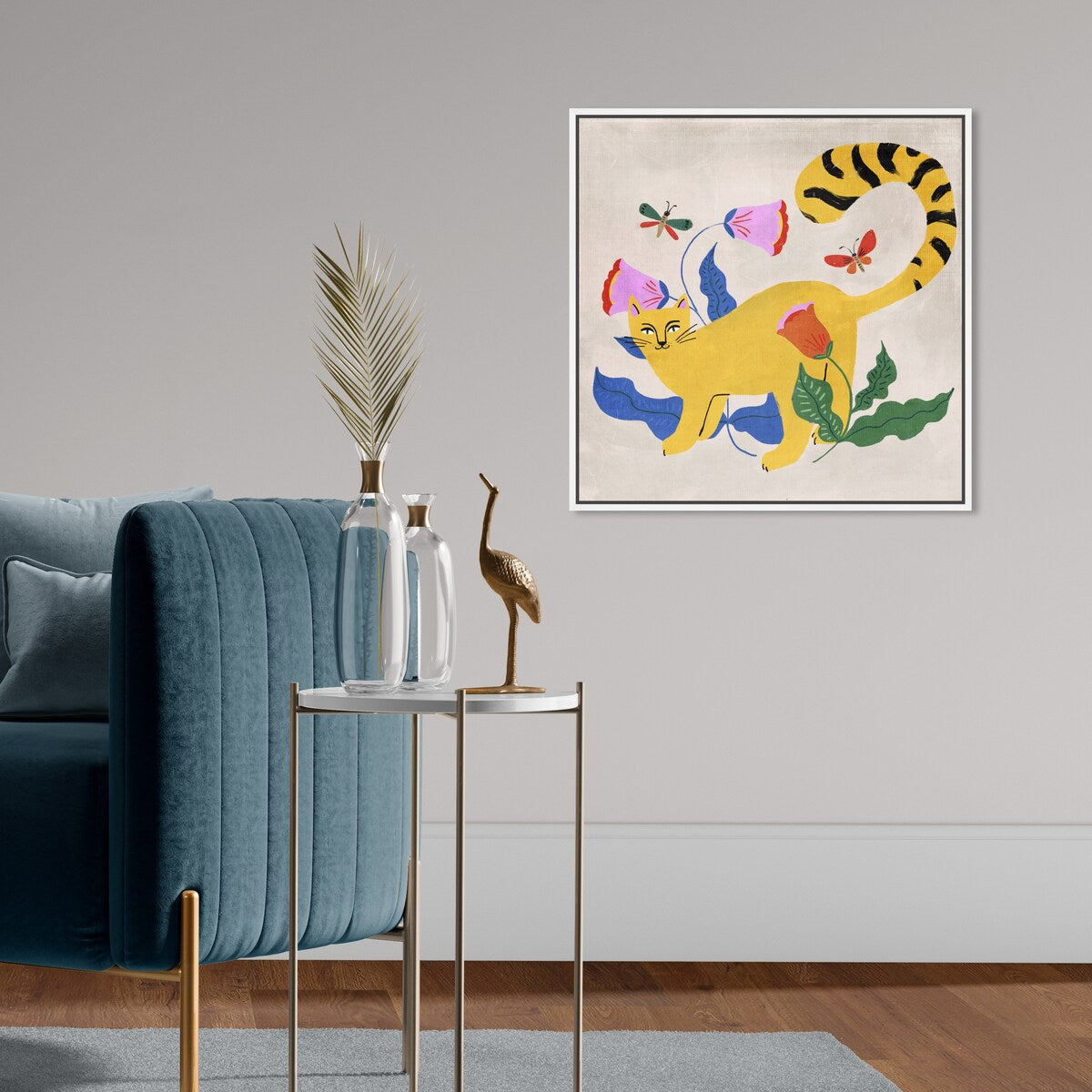 Blonde Tabby Floral Kitten Butterfly Garden Modern Yellow Framed Canvas Wall Art Print - Home Decor for Bedroom, Living Room & Nursery
