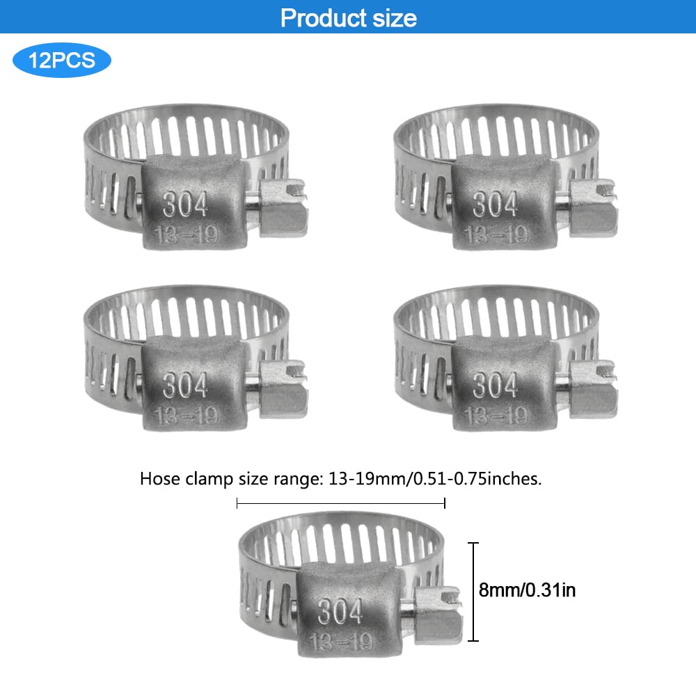 Penck 12 Pack 1/2'' - 3/4'' Stainless Steel Worm-Gear Hose Clamps | 13-19mm Range | Miniature Power-Seal Worm-Drive Kit for Automotive, Plumbing & Industrial Applications
