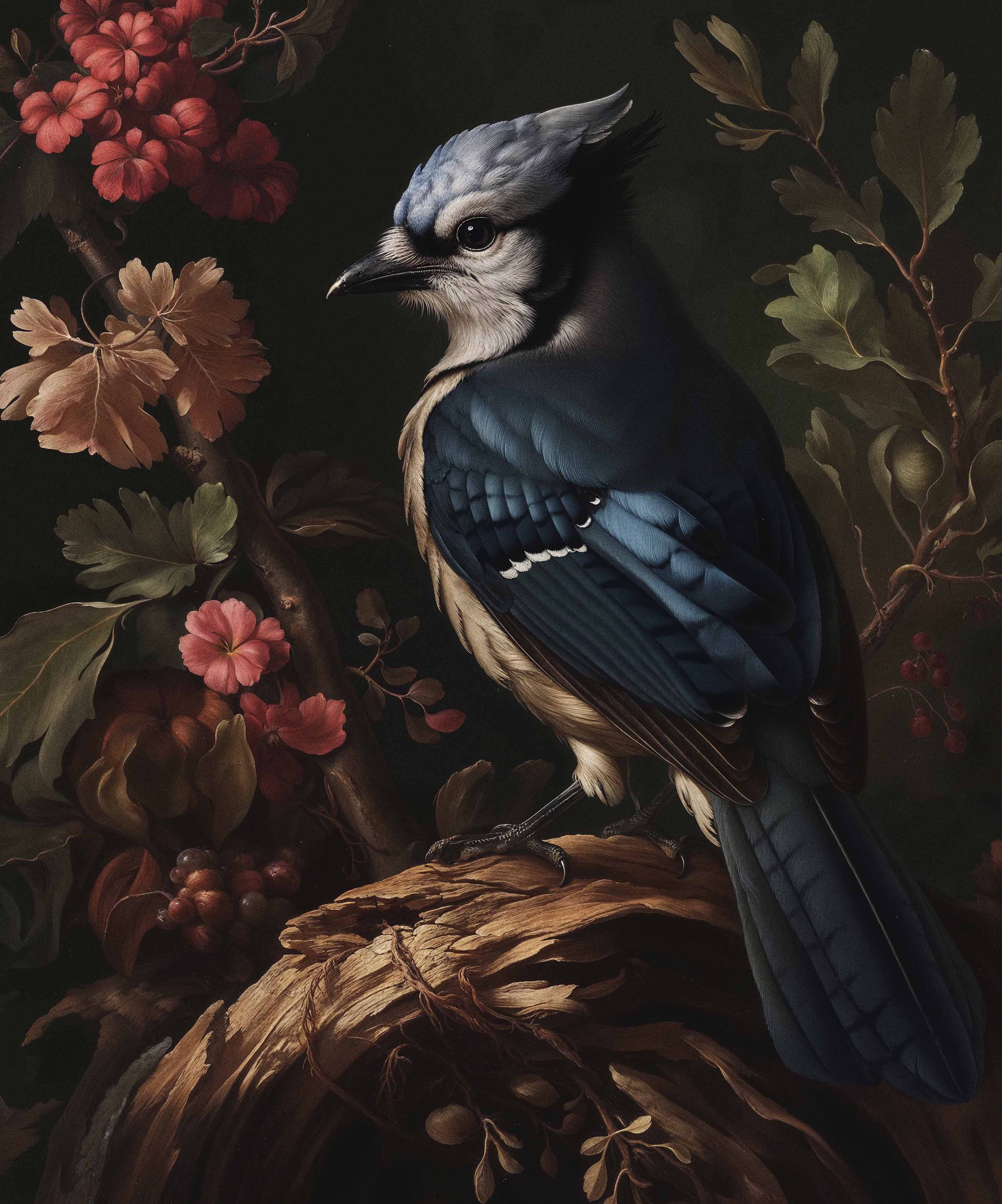 Blue Jay Among Flowers - Limited Edition Elegant Canvas Wall Art for Home & Office Decor | Nature-Inspired Painting for Living Room, Bedroom, or Gift