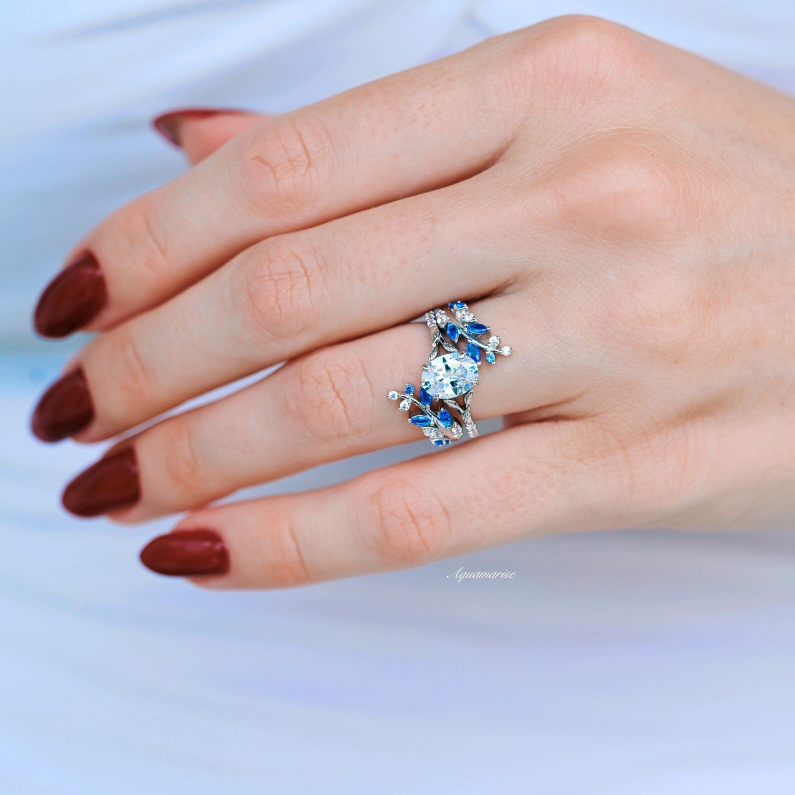 IGI Certified 14K White Gold Lab Grown Diamond & Sapphire Leaf Ring Set - Elegant Jewelry for Weddings, Anniversaries & Special Occasions