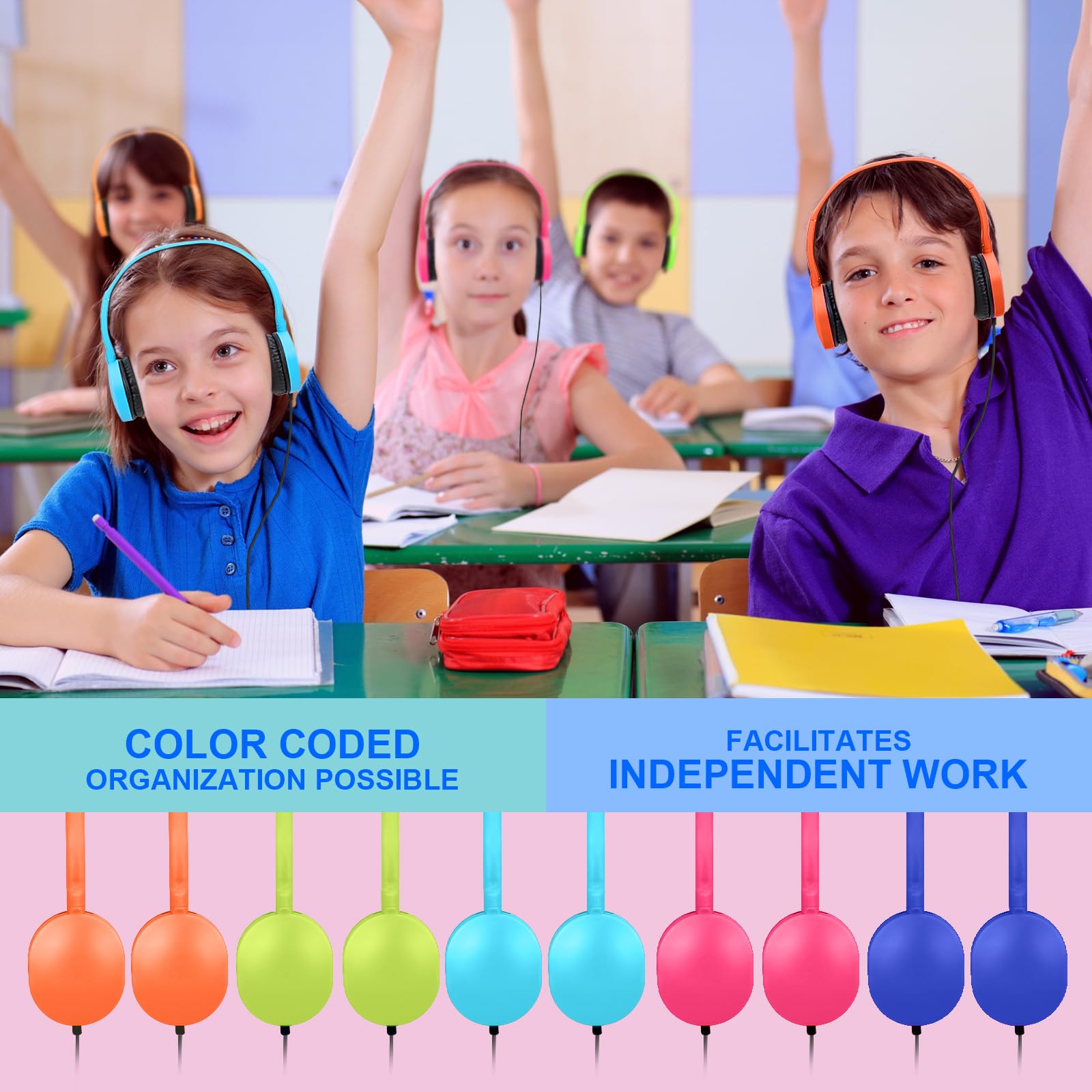 25 Pack Bulk Kids Headphones for Classroom & School - Adjustable On-Ear Headphones for Students, Children, Teens, Toddlers (PU102, Mixed Colors) - Perfect for Chromebook Use, Online Learning & Study Sessions