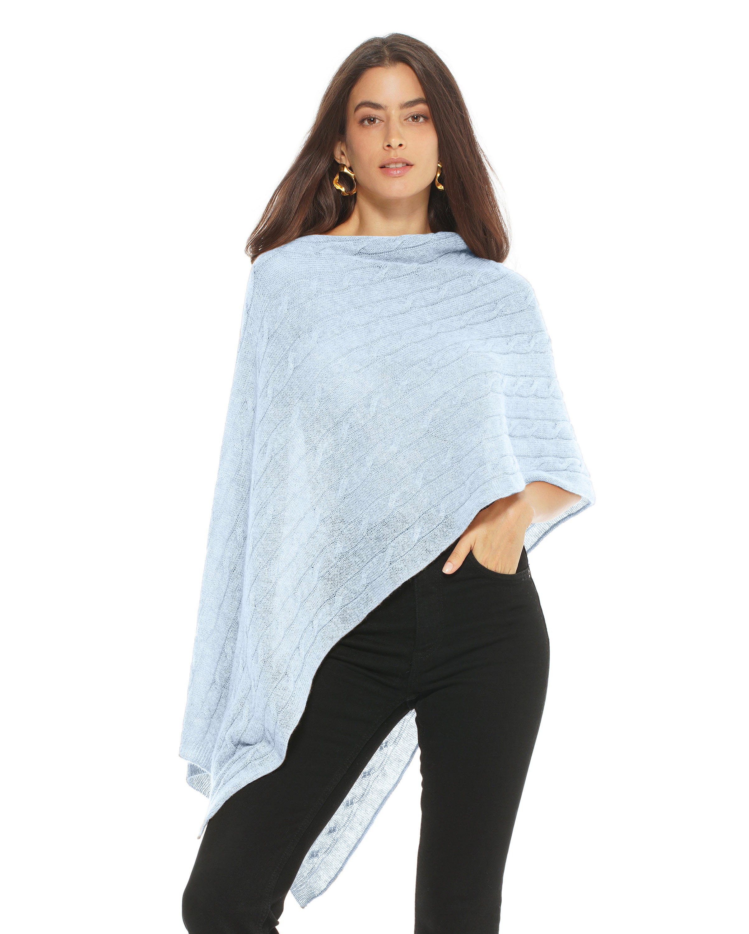 Women's Soft Pure Cashmere Cable Knit Poncho - Pastel Blue | Cozy Winter Wrap for Outdoors & Travel | Elegant Fashion Accessory