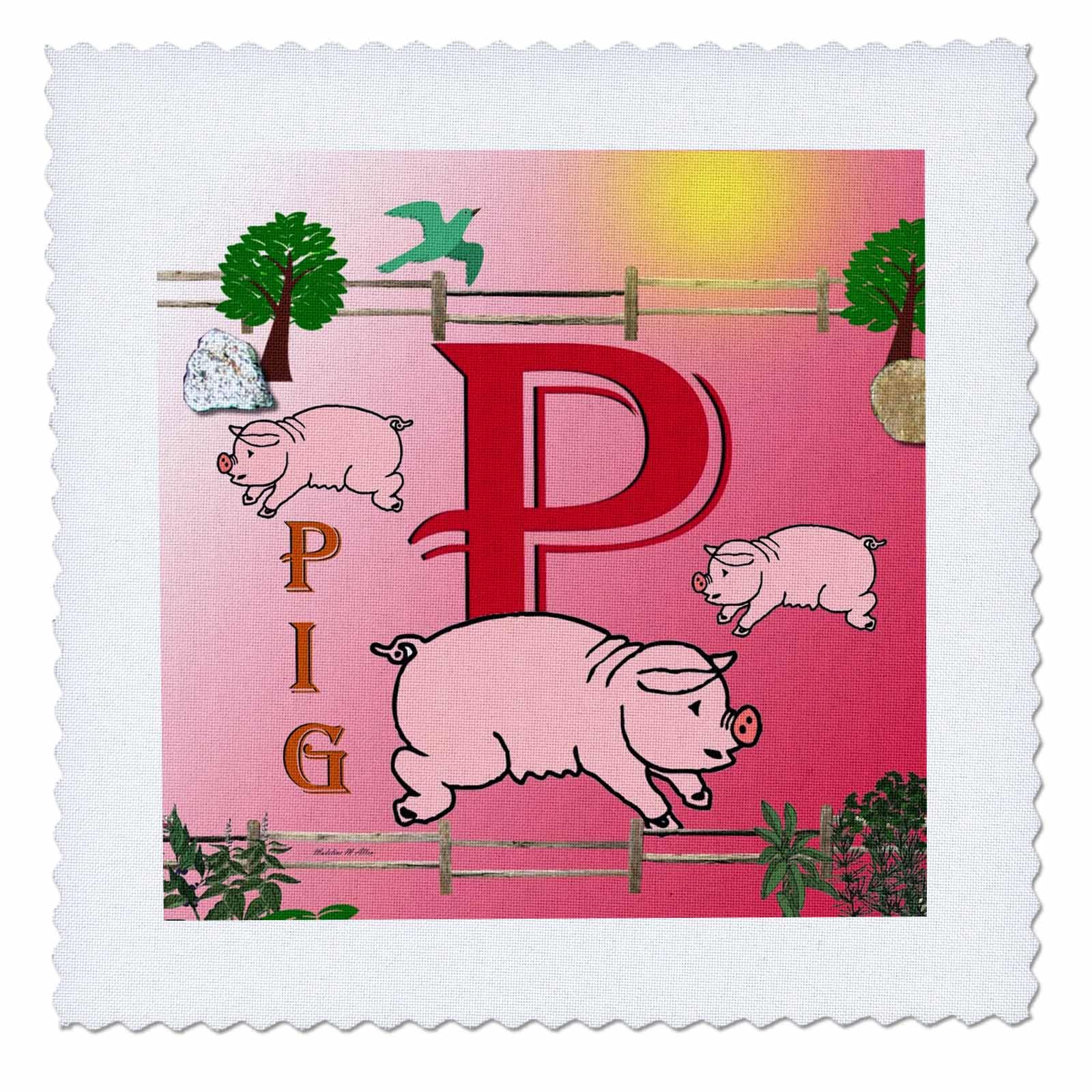 3dRose qs_52993_1 Decorative Animal Alphabet Art for Kids - P is for Pigs Playing in The Pen Quilt Square, 10x10 Inch - Perfect for Nursery Decor, Baby Shower Gifts & Children's Room Wall Art