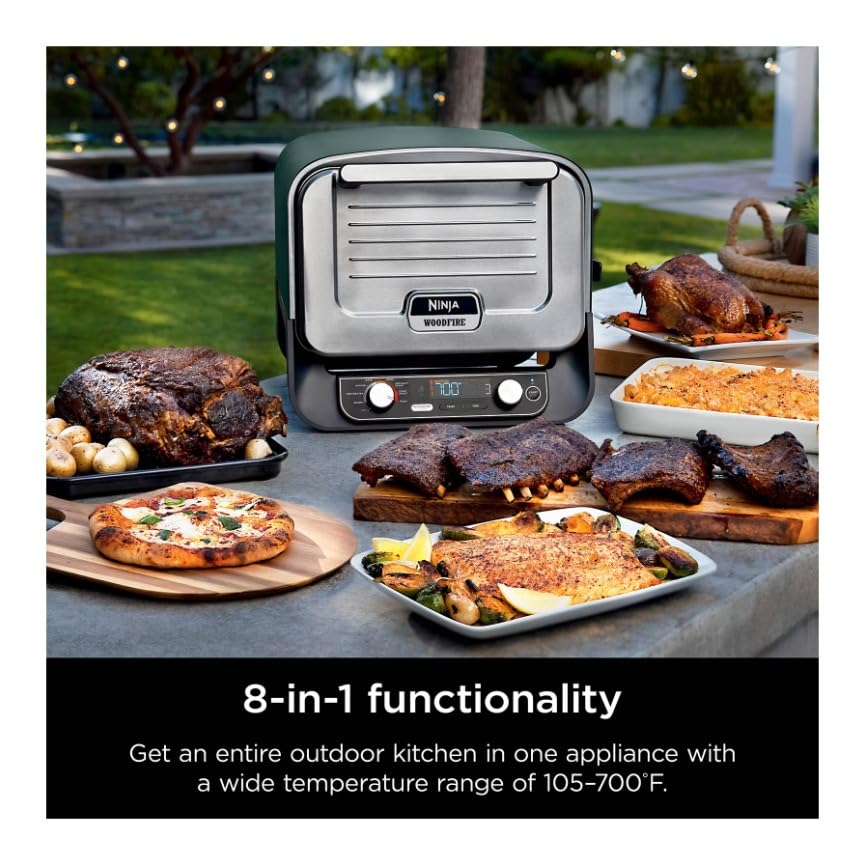Ninja Woodfire 8-in-1 Outdoor Grill & Smoker with Pizza Oven - 5 Pizza Settings, Green - Perfect for Backyard BBQs, Camping & Outdoor Cooking