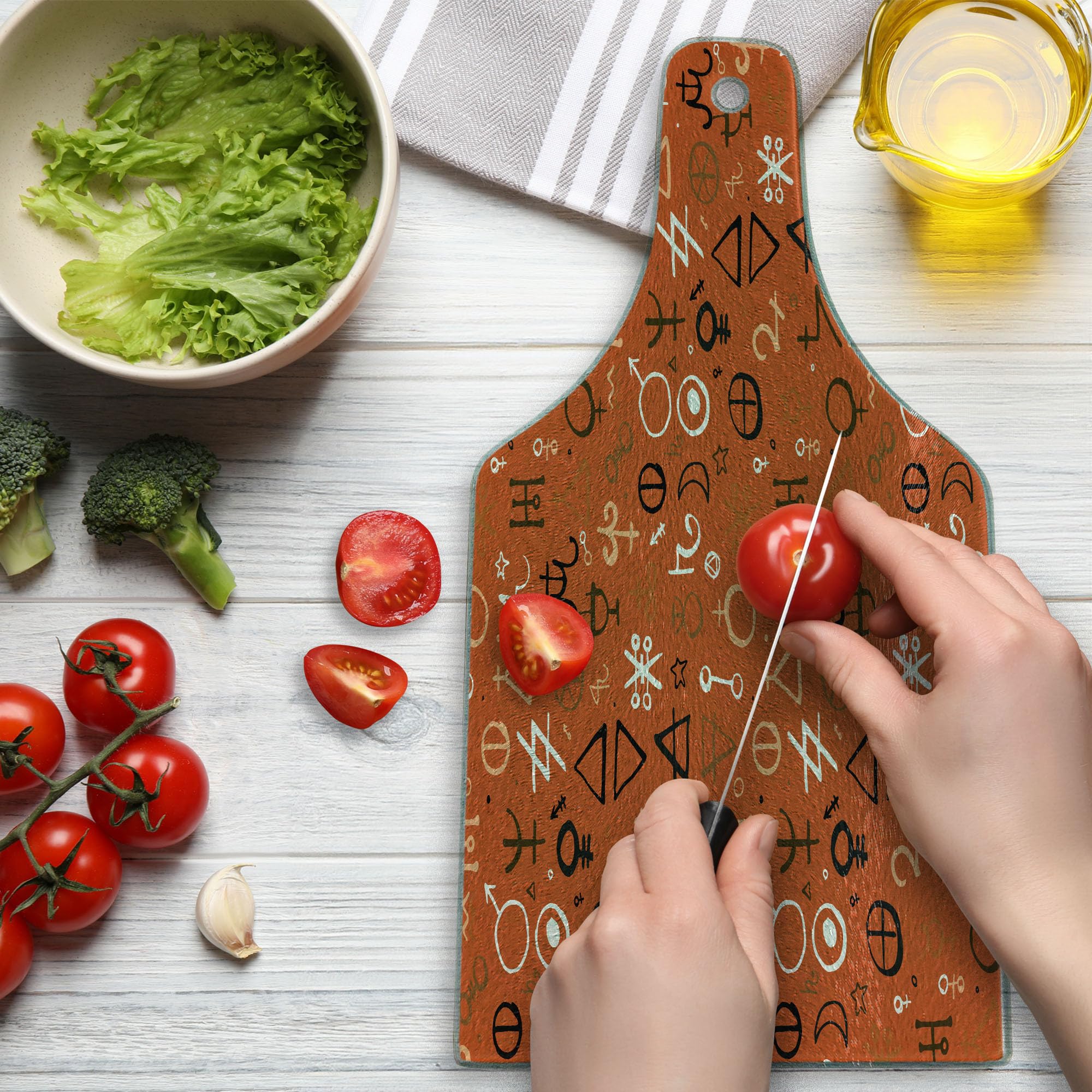 Ambesonne Bohemian Tempered Glass Cutting Board - Western Aztec Design, Wine Bottle Shape in Burnt Orange & Peach | Decorative Serving Board for Charcuterie, Cheese, and Wine Pairing | Perfect for Kitchen, Dining, and Entertaining
