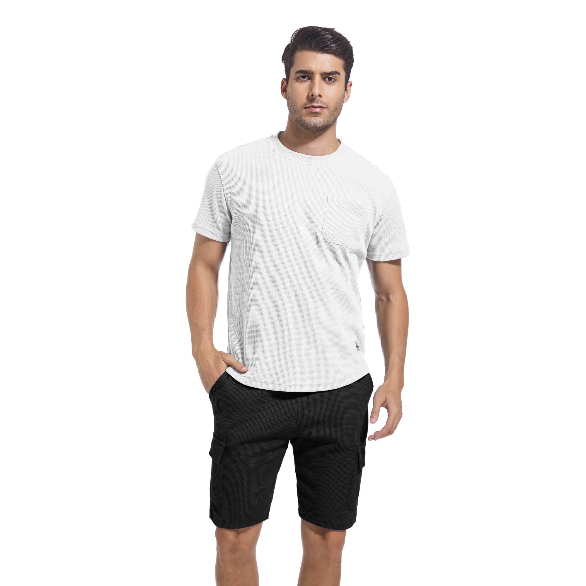 ANOTWENER Men's 2-Piece Summer Outfit - Soft Waffle Knit T-Shirt & Breathable Shorts Set for Beach Vacation, Pool Party & Casual Wear