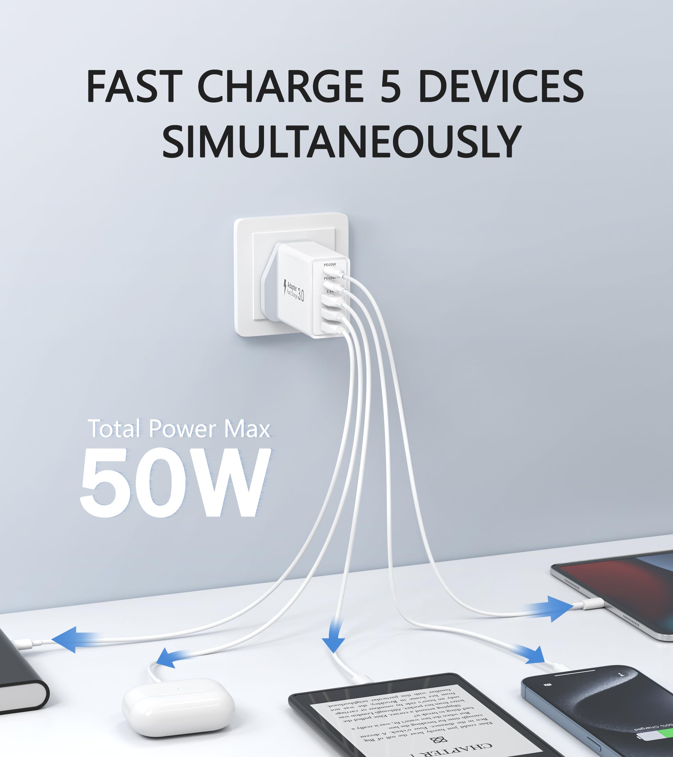 50W 5-Port Fast USB C Charger with Dual PD & QC - UK Plug Adapter for iPhone 16/15/14/13/12 Pro Max/XS/XR/SE, Samsung Galaxy, iPad, AirPods - Perfect for Home, Office & Travel Charging