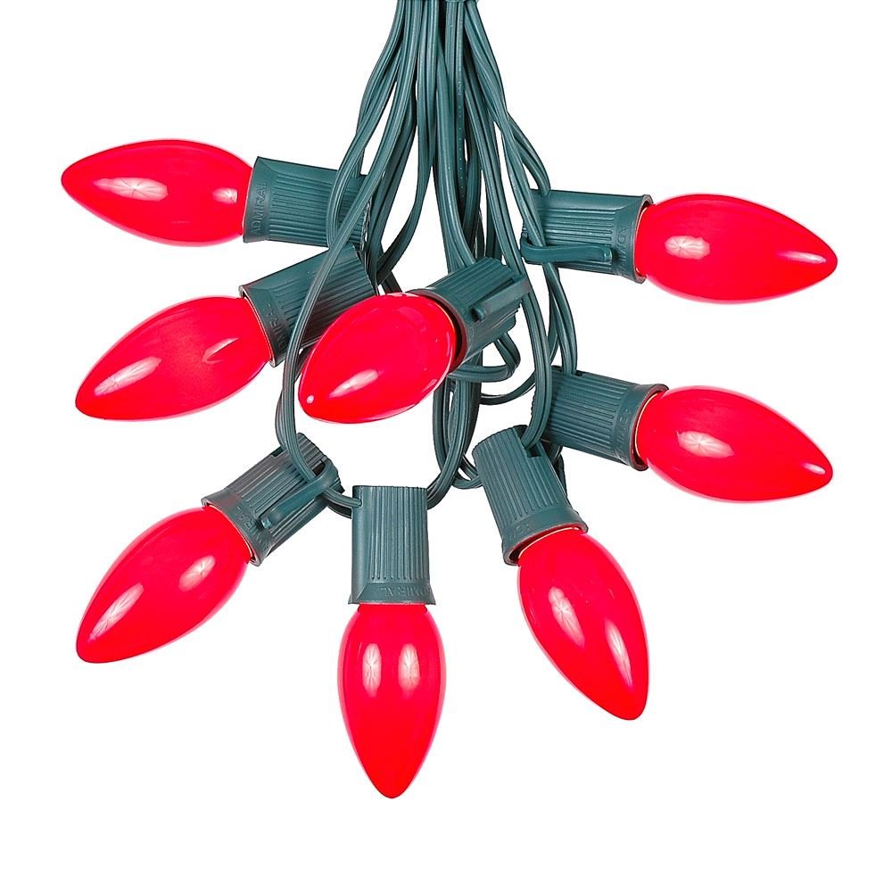 25 Foot C9 Red Ceramic Christmas String Lights - Outdoor Holiday Lights with Opaque Bulbs & Green Wire - Perfect for Roofline, Porch, and Tree Decorations