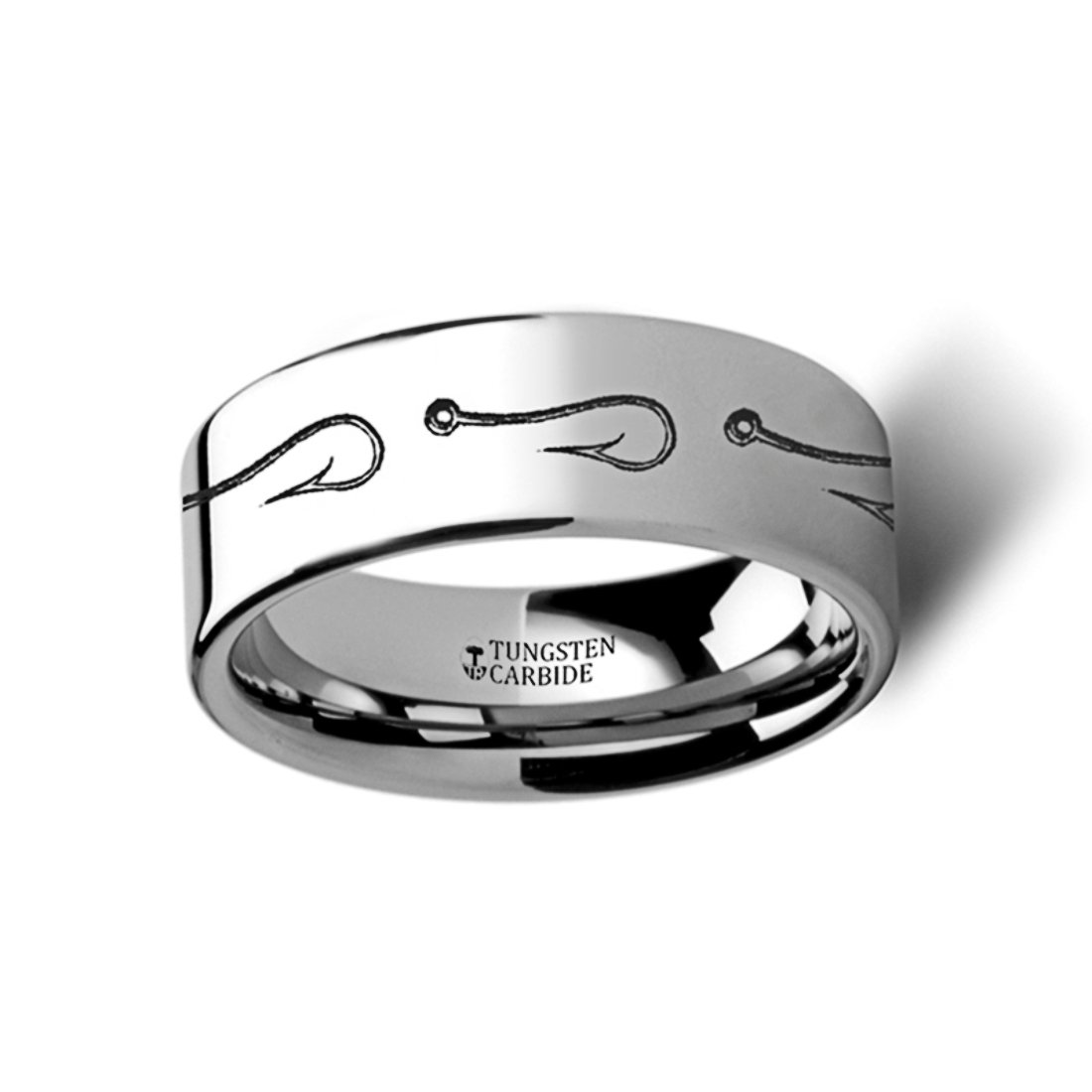 Stylish 6mm Wide Tungsten Wedding Band - Artistic Fishing Hook & Sea Print Pattern Ring for Men, Durable & Polished - Perfect for Outdoor Enthusiasts & Fishing Lovers