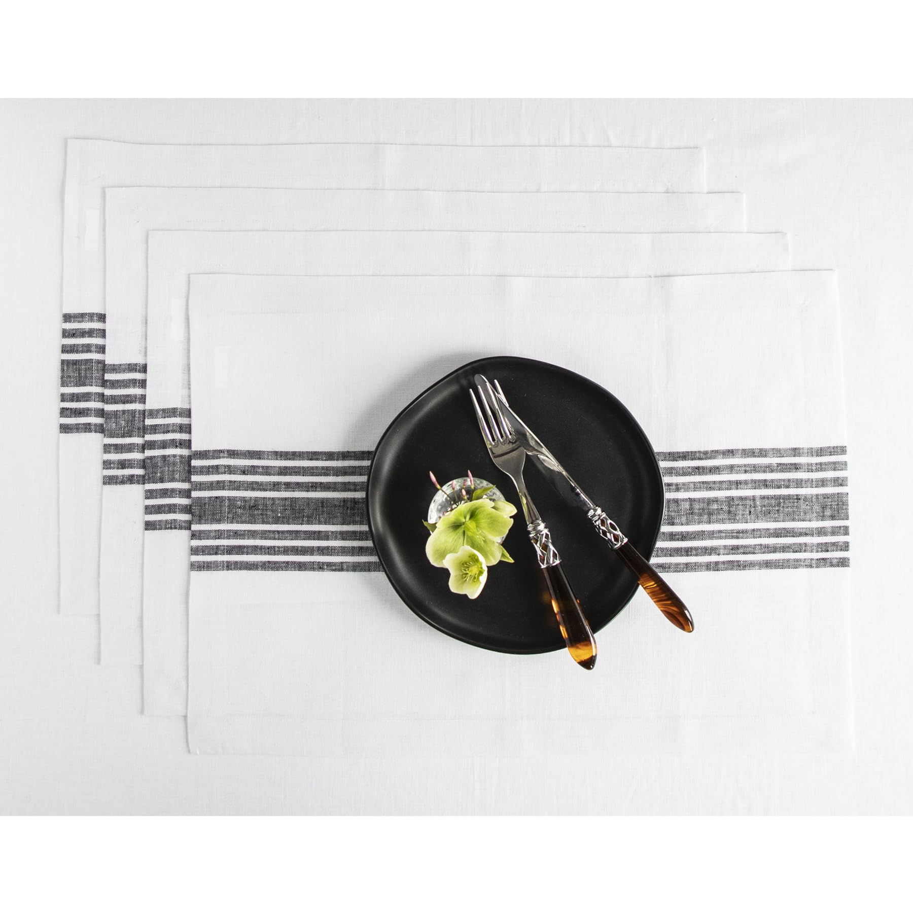 Solino Home Farmhouse Linen Placemats Set of 4 - 14x19 Inch 100% Pure Linen Stripe Black & White Washable Table Mats - Perfect for Spring Decor, Mothers Day Gifts, Easter Dinner & Everyday Dining