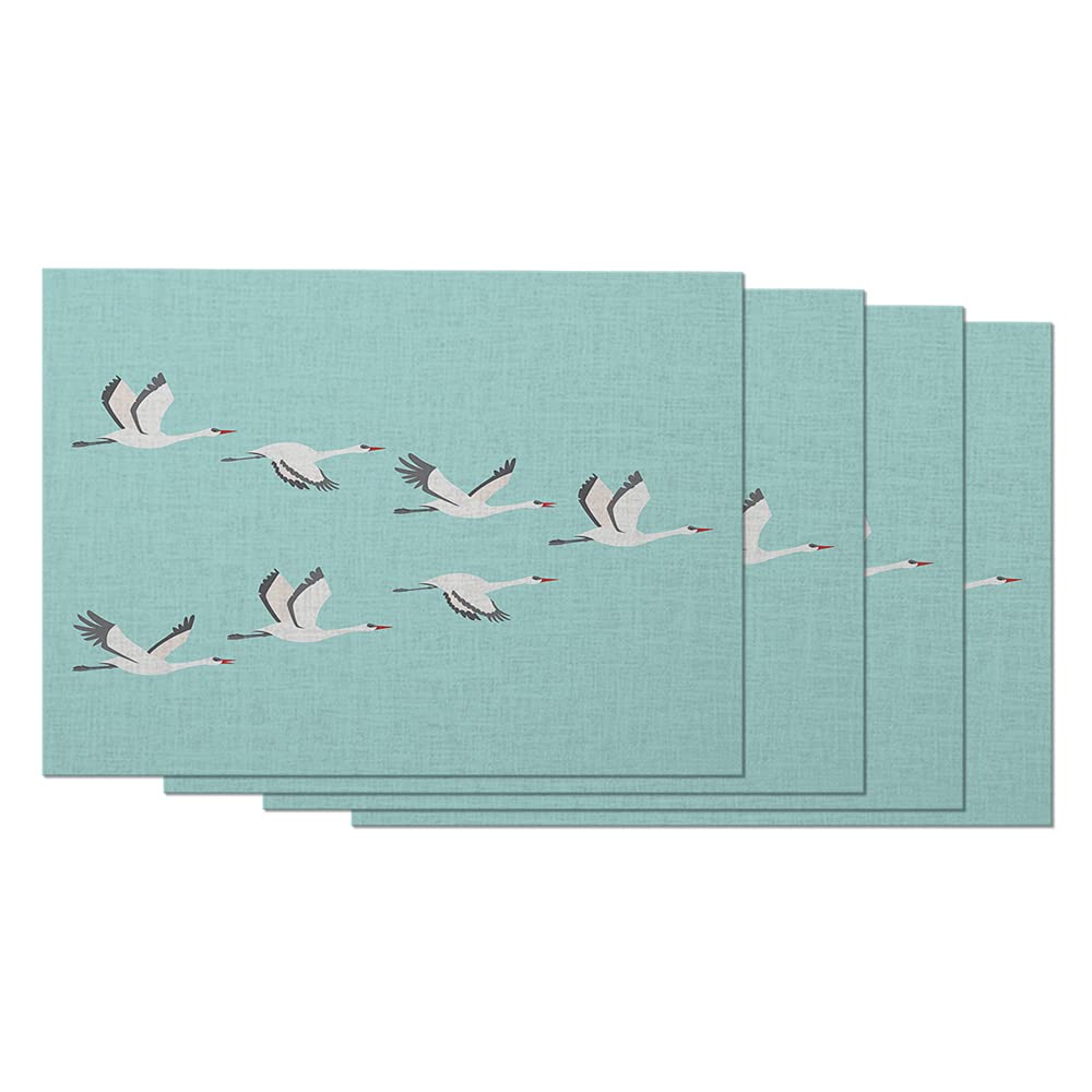 Flock of Cranes Placemats Set of 4 - 12x18 Inch Cotton Linen Table Mats for Dining, Cute Cartoon Flying Bird Stork Migration Design - Perfect for Home Decor, Dinner Parties & Holiday Table Settings