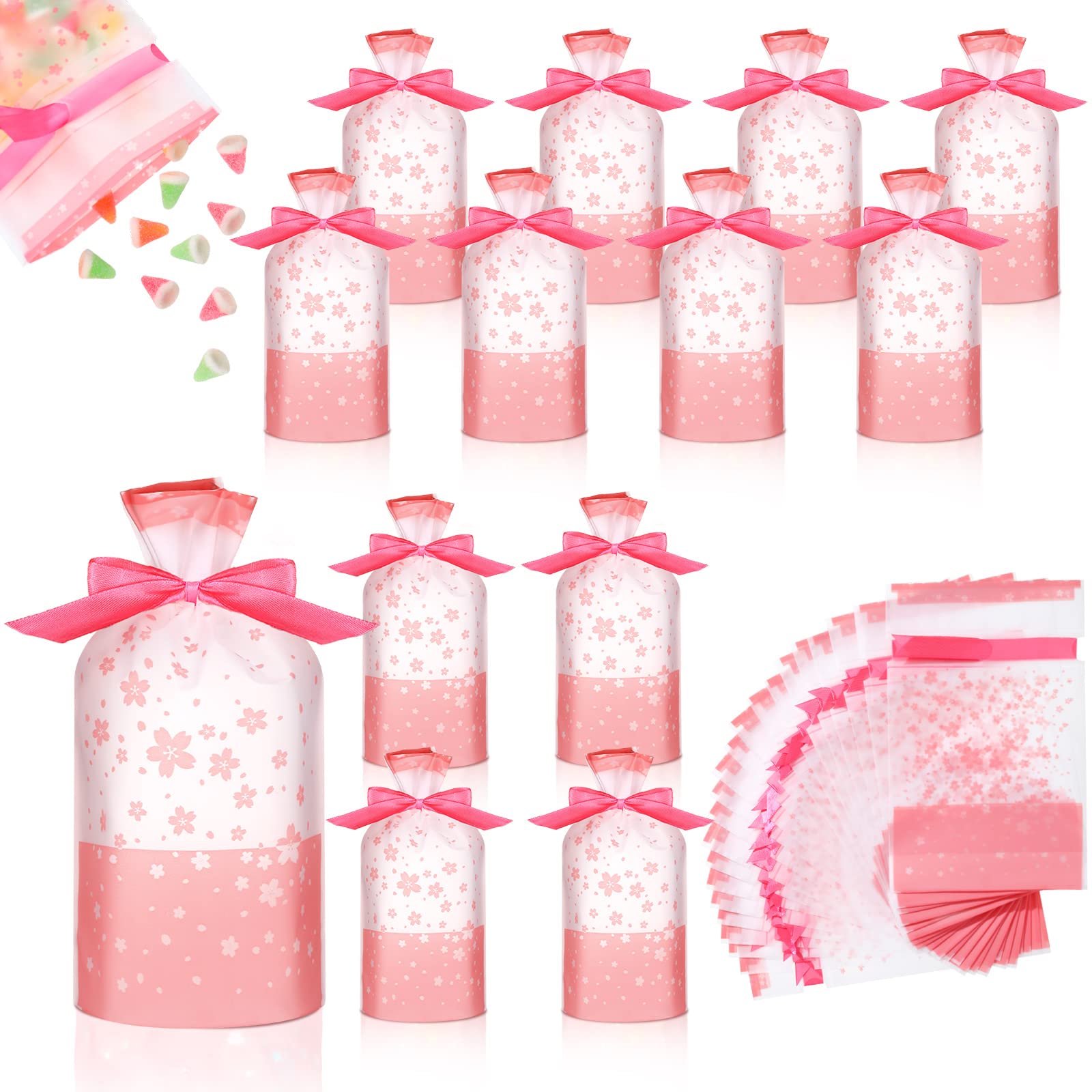 100 Pcs Pink Cherry Blossom Party Favor Bags - Pastel Sakura Drawstring Gift Bags for Baby Shower, Birthday, Wedding Favors - Perfect for Kids & Adults Party Decorations & Candy Packaging
