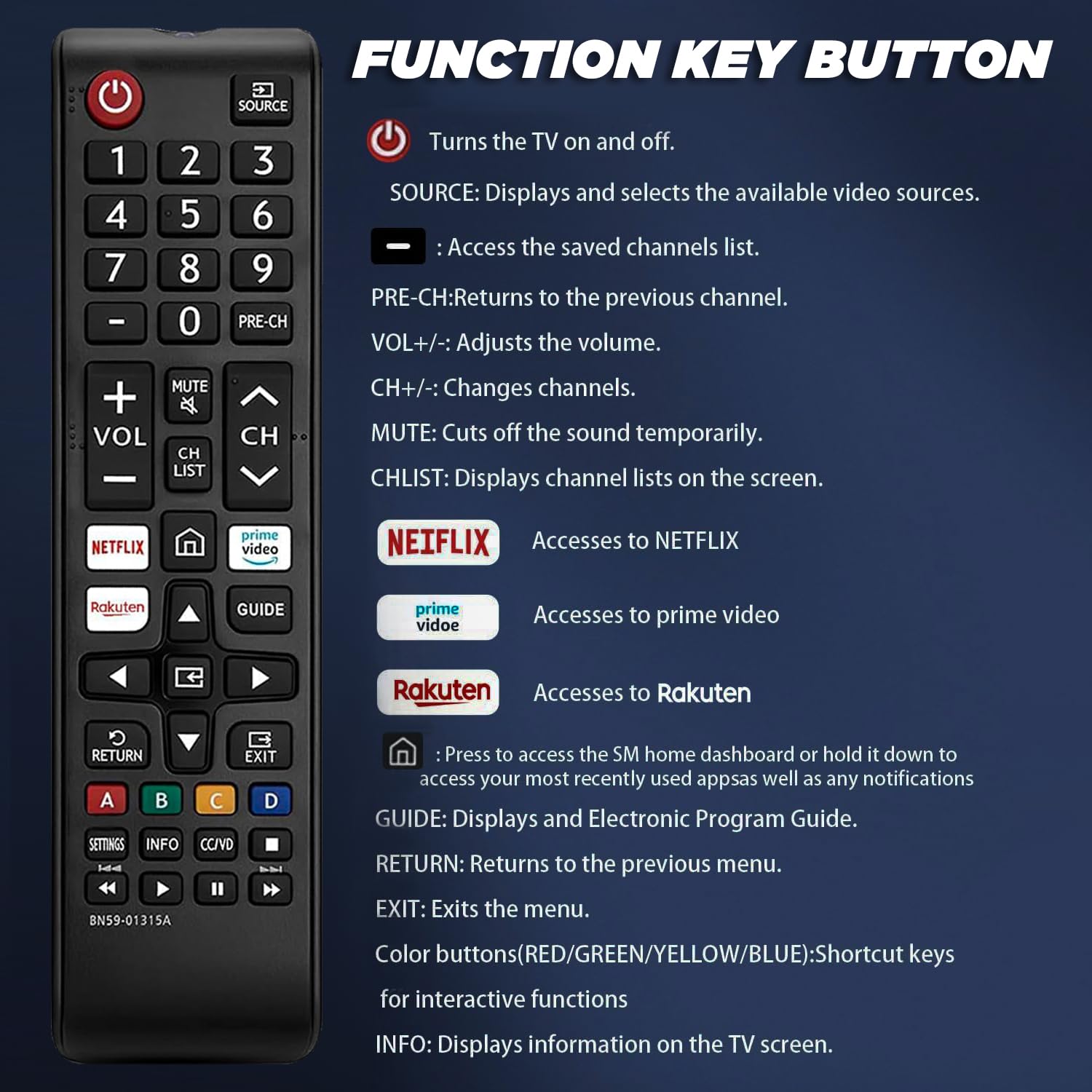 Universal Samsung TV Remote Control with Netflix/Prime Video/Rakuten TV Buttons - Compatible with QLED UHD HDR LCD Frame Curved 4K 8K Smart TVs | Perfect for Streaming, Gaming & Home Entertainment