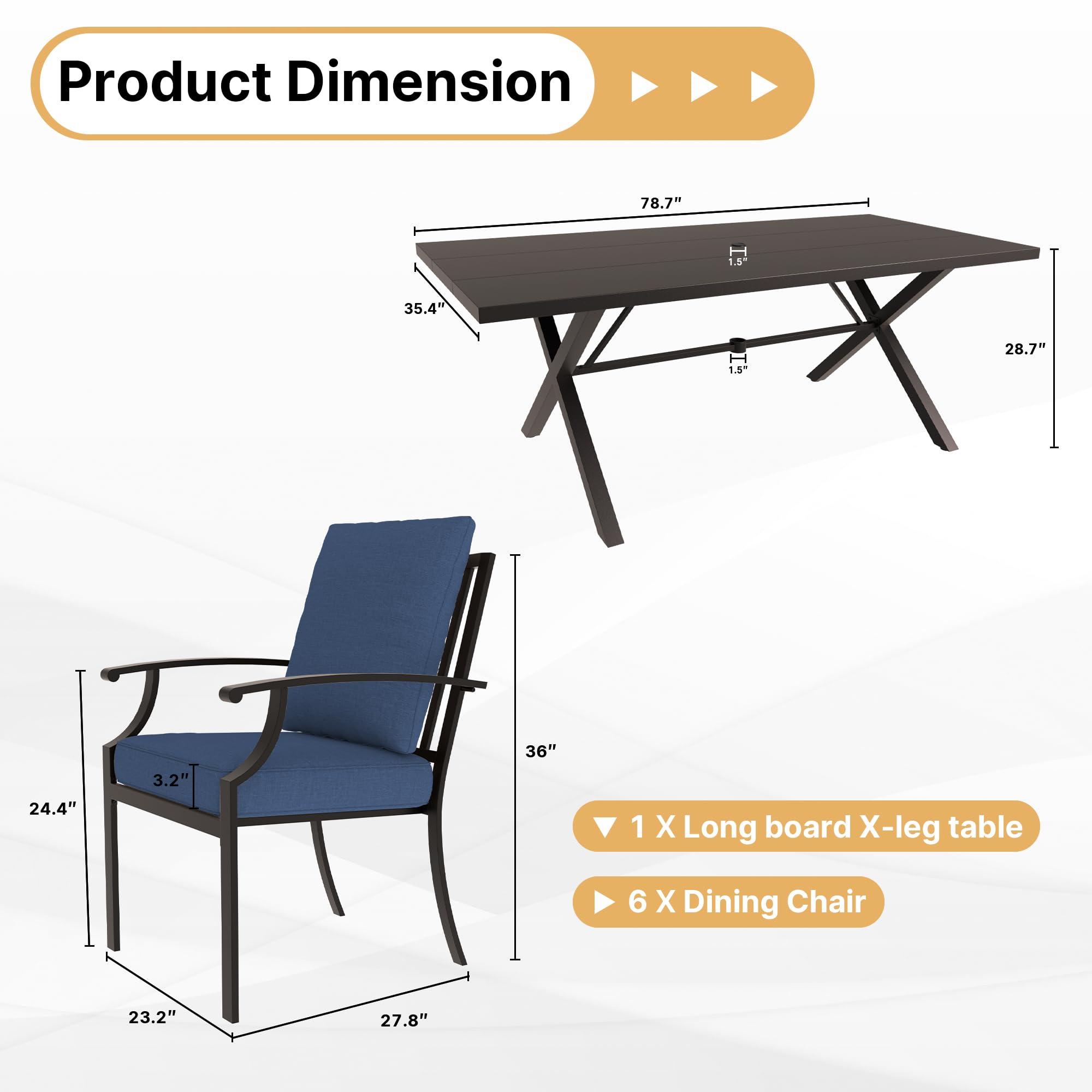 Gotland 7-Piece Outdoor Dining Set for 6 - Rectangular Patio Table with Umbrella Hole & Navy Chairs - Modern Metal Garden Furniture for Backyard, Lawn, Poolside & BBQ Entertaining