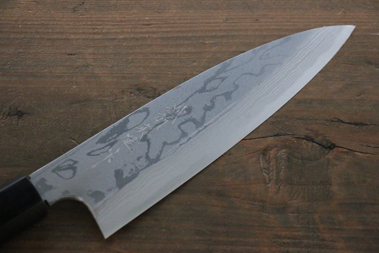 Premium Hideo Kitaoka Blue Steel No.2 Damascus Funayuki Knife 170mm with Exquisite Shitan Handle - Perfect for Sushi Preparation, Meat Slicing & Japanese Cuisine