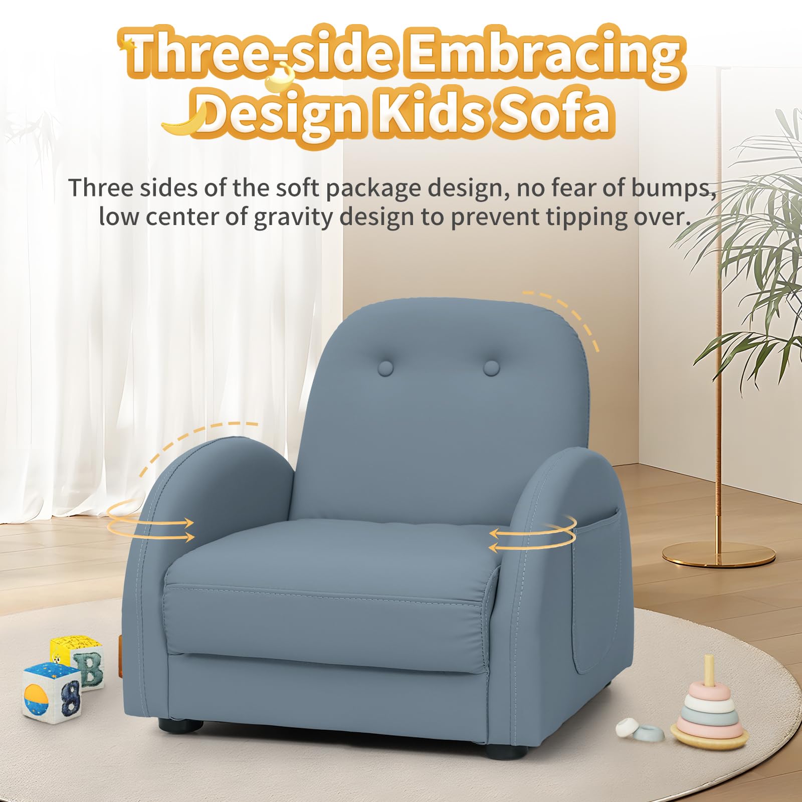 MOOITZ Kids Recliner Chair with Ottoman - Adjustable Toddler Recliner with 5 Backrest Positions, Waterproof & Stain-Resistant Leatherette - Perfect for Playroom, Bedroom or TV Time (Blue)