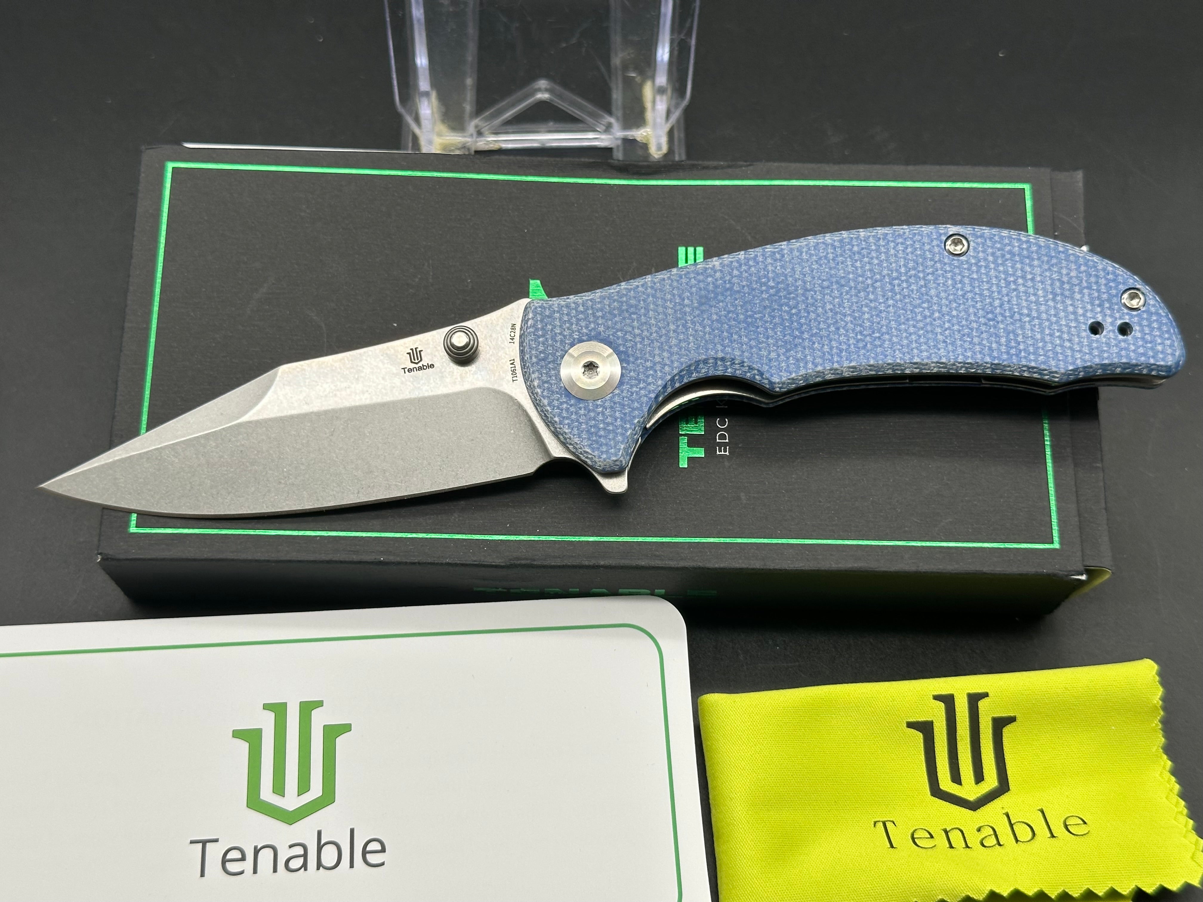 TENABLE REI Folding Knife with Blue Micarta Handle - 14C28N Stainless Steel Plain Edge Blade - Perfect for Camping, Hiking & Outdoor Survival
