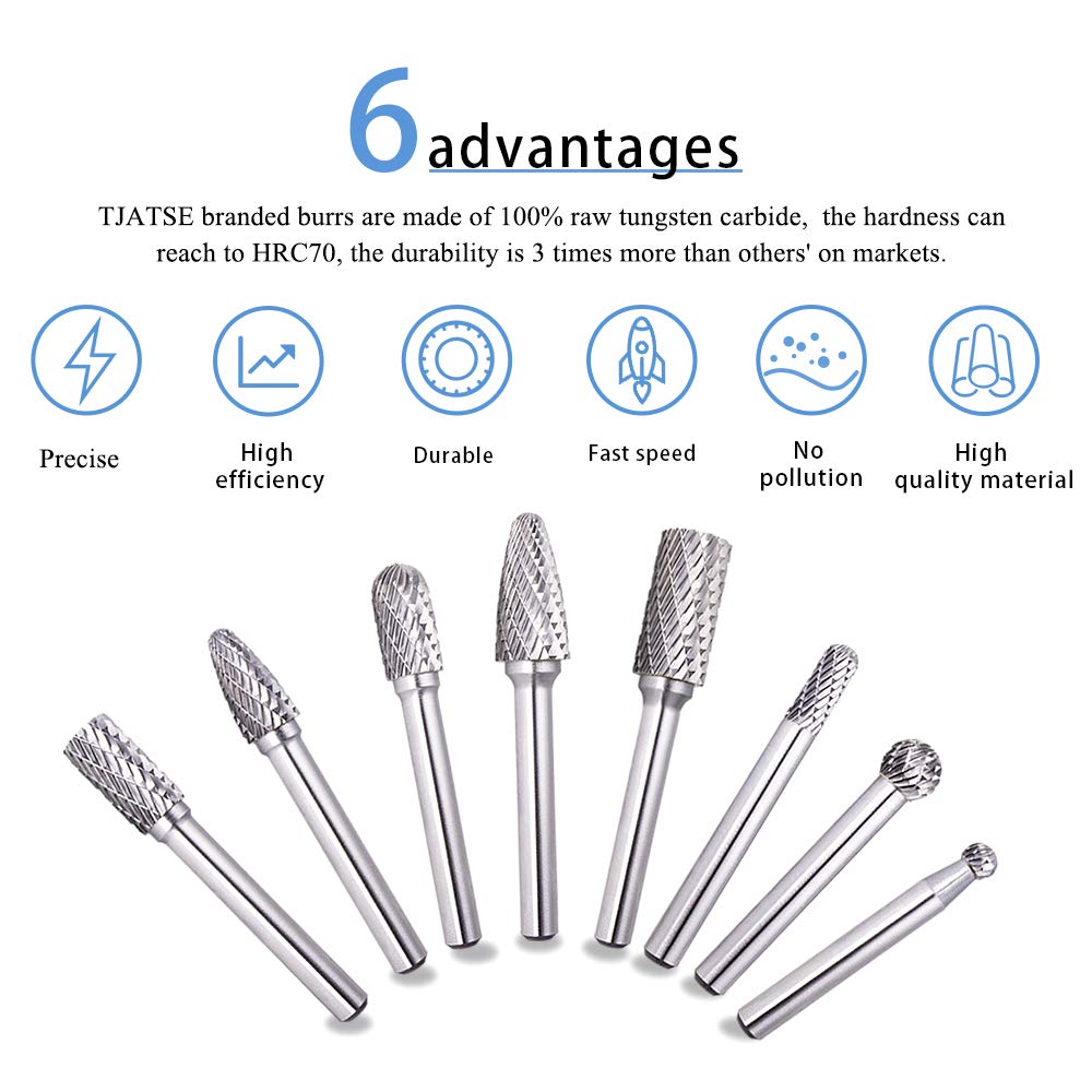 TJATSE 8-Piece Double Cut Carbide Rotary Burr Set - 1/4