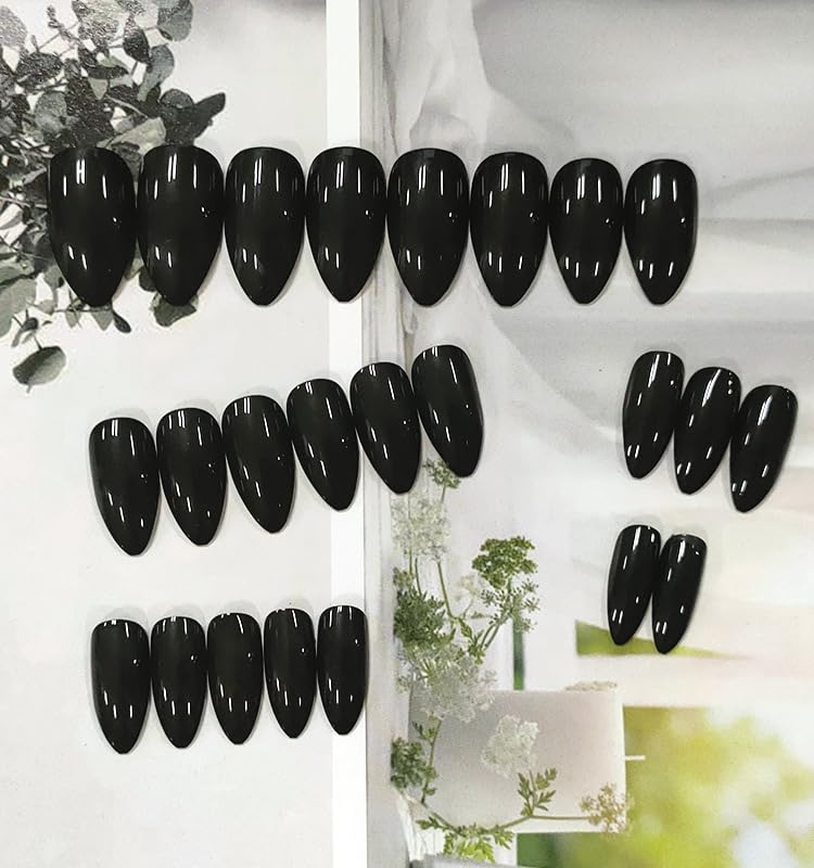 MouyouGlow Black Glossy Almond Press On Nails - Short Halloween Fake Nails with Nail Glue | Gothic Solid Color False Nails for Parties, Cosplay & Everyday Wear