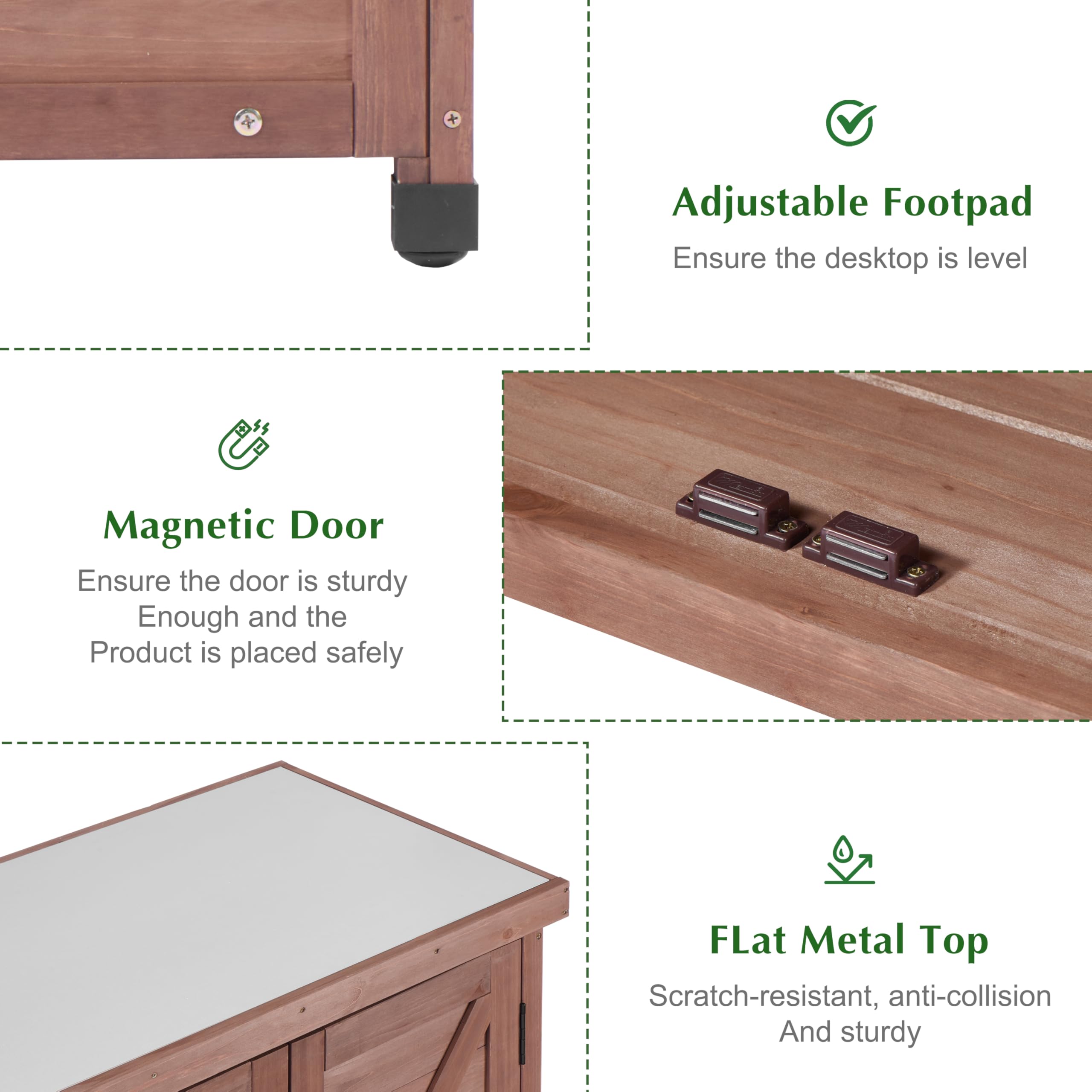 Outdoor Storage Cabinet & Potting Bench with Metal Top - 36x31x17in Wooden Garden Workstation for Patio, Backyard & Gardening - Royal Brown