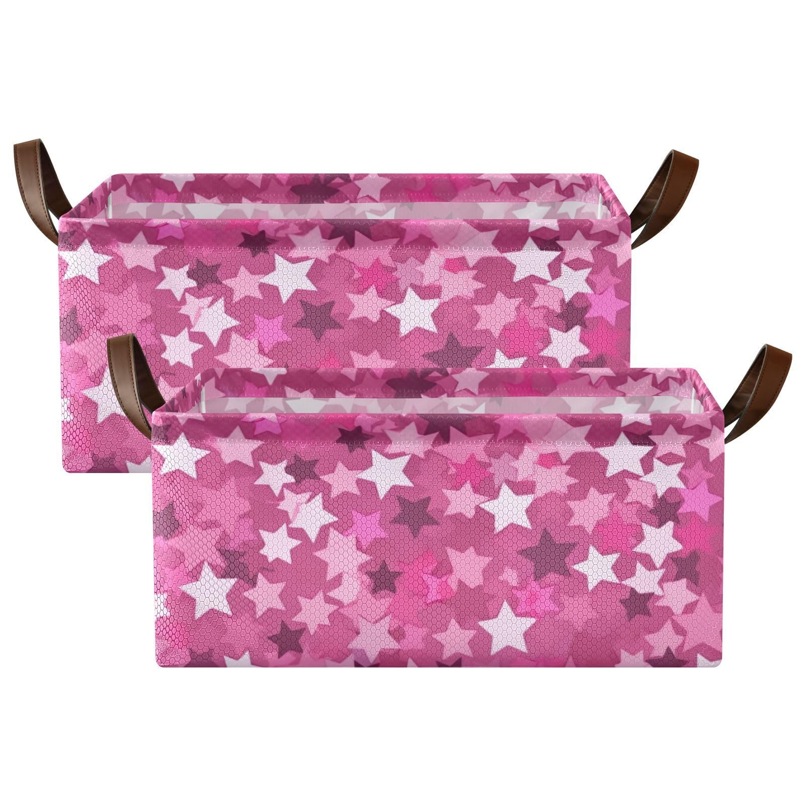 Pink Stars Large Fabric Storage Baskets with Handles - 2 Pack Closet Organizer Bins for Shelves, Home & Office Organization | Perfect for Bedroom, Bathroom & Kids Room Storage