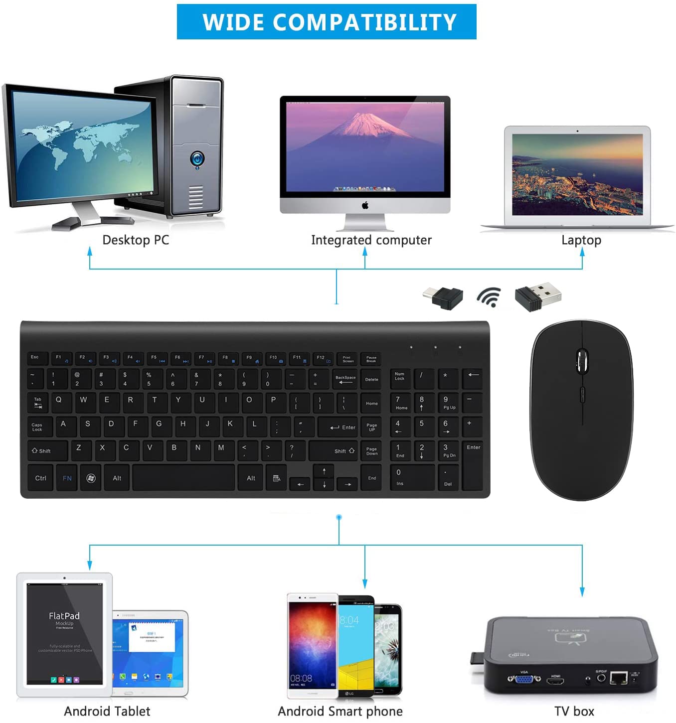Wireless Keyboard and Mouse Combo with USB-C & USB-A Receiver - Full Size Ergonomic Keyboard & Silent Mouse for PC, Mac, Laptop - Perfect for Office, Gaming & Home Use