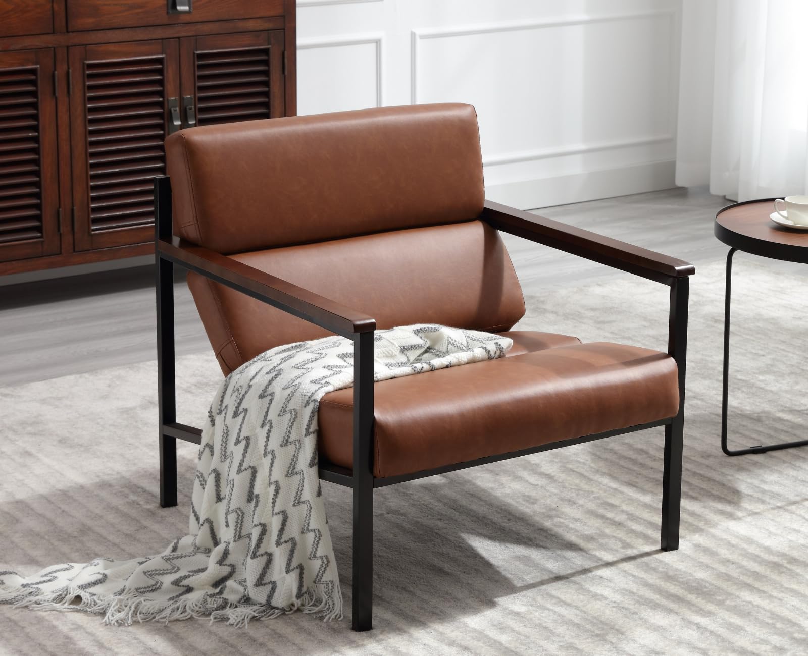 EALSON Modern Leather Accent Chairs Set of 2 - Comfortable Lounge Chairs with Sturdy Metal Frame & Upholstered Armrests - Wooden Armrest Sofa Chairs for Living Room, Bedroom, Office - Perfect for Relaxing, Reading & Home Decor (Brown)