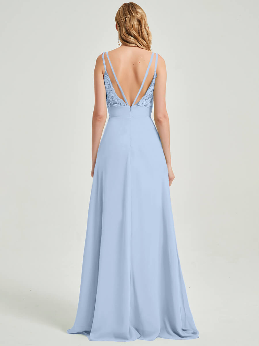 Cornflower Blue Spaghetti Strap Slit Lace Chiffon Bridesmaid Dress - Elegant Formal Gown for Weddings, Prom & Evening Events