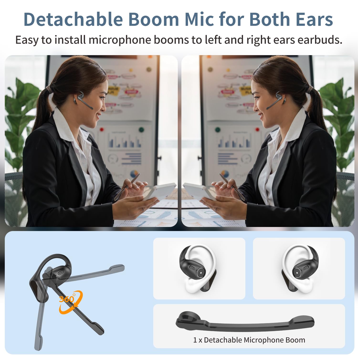 BANIGIPA Open Ear Bluetooth Headphones with Detachable Boom Mic - Wireless 5.4 Earbuds with Noise Canceling Mic, Multipoint Connection & Charging Case - Lightweight Comfort for Work, Gaming & Outdoor Activities