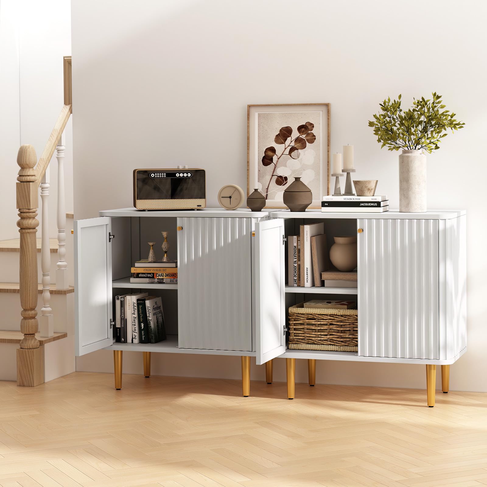 HLR Fluted Sideboard Buffet Cabinet - White Modern 2-Door Storage Credenza for Kitchen, Living Room & Entryway | Perfect for Dining Room Storage, Hallway Decor & Home Organization