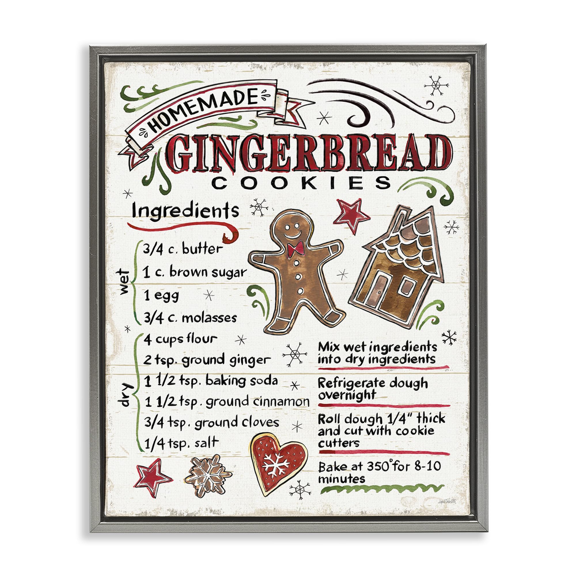 Stupell Industries Homemade Gingerbread Cookies Holiday Cooking Instructions - Anne Tavoletti Design | Perfect for Christmas Baking, Holiday Decor & DIY Cookie Gifts