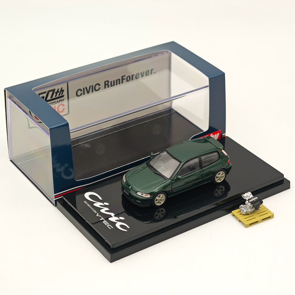 1/64 Honda CIVIC (EG6) Sir S Diecast Model Car with Engine Display - Lausanne Green | Hobby Japan HJ641017SG | Collectible Miniature Vehicle for Display, Gifts & Car Enthusiasts