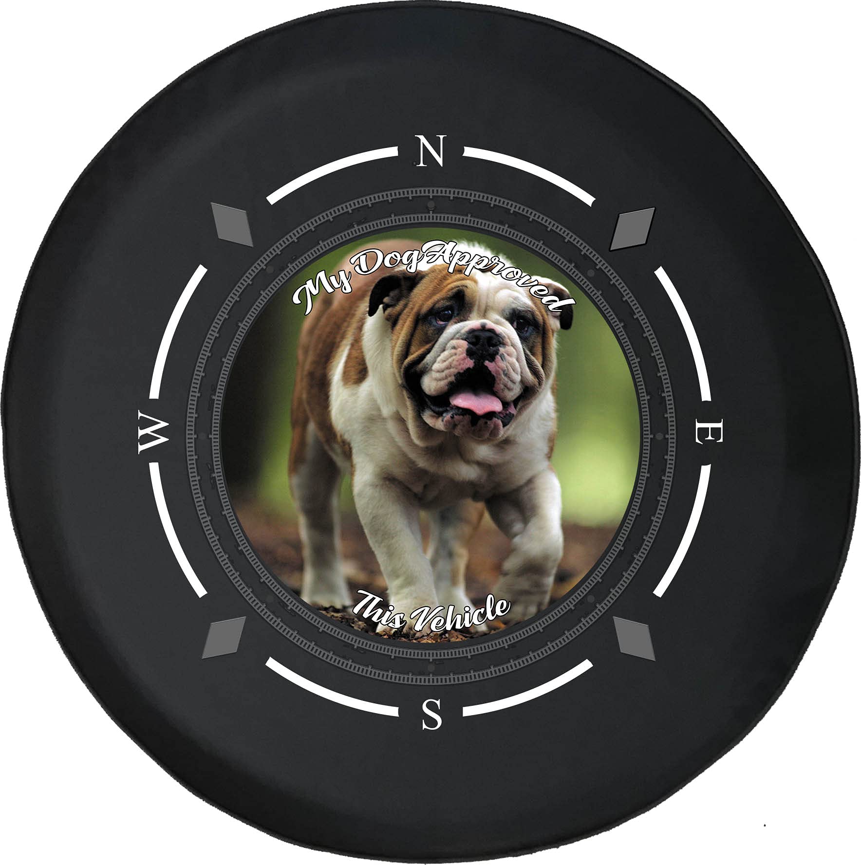 American Unlimited Spare Tire Cover with Compass - Durable SUV, Trailer & RV Wheel Cover for Off-Road Adventures | Dog Approved Design for Bulldog Lovers | Fits Most Vehicles