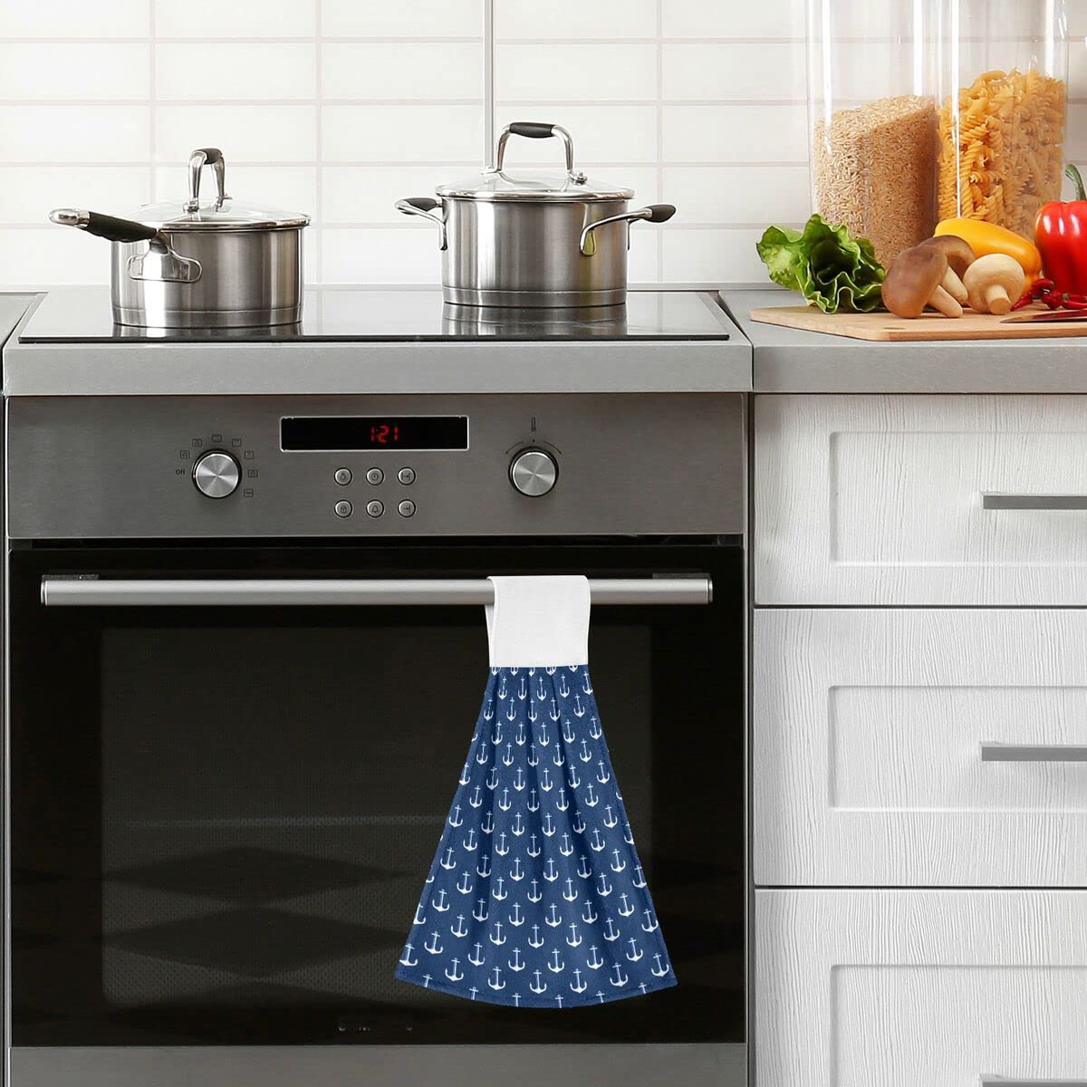 Nautical Blue and White Anchor Kitchen Towels Set of 2 - Soft Coral Velvet Absorbent Dish Towels with Hanging Loops - Perfect for Kitchen, Bathroom, and Summer Beach House Decor