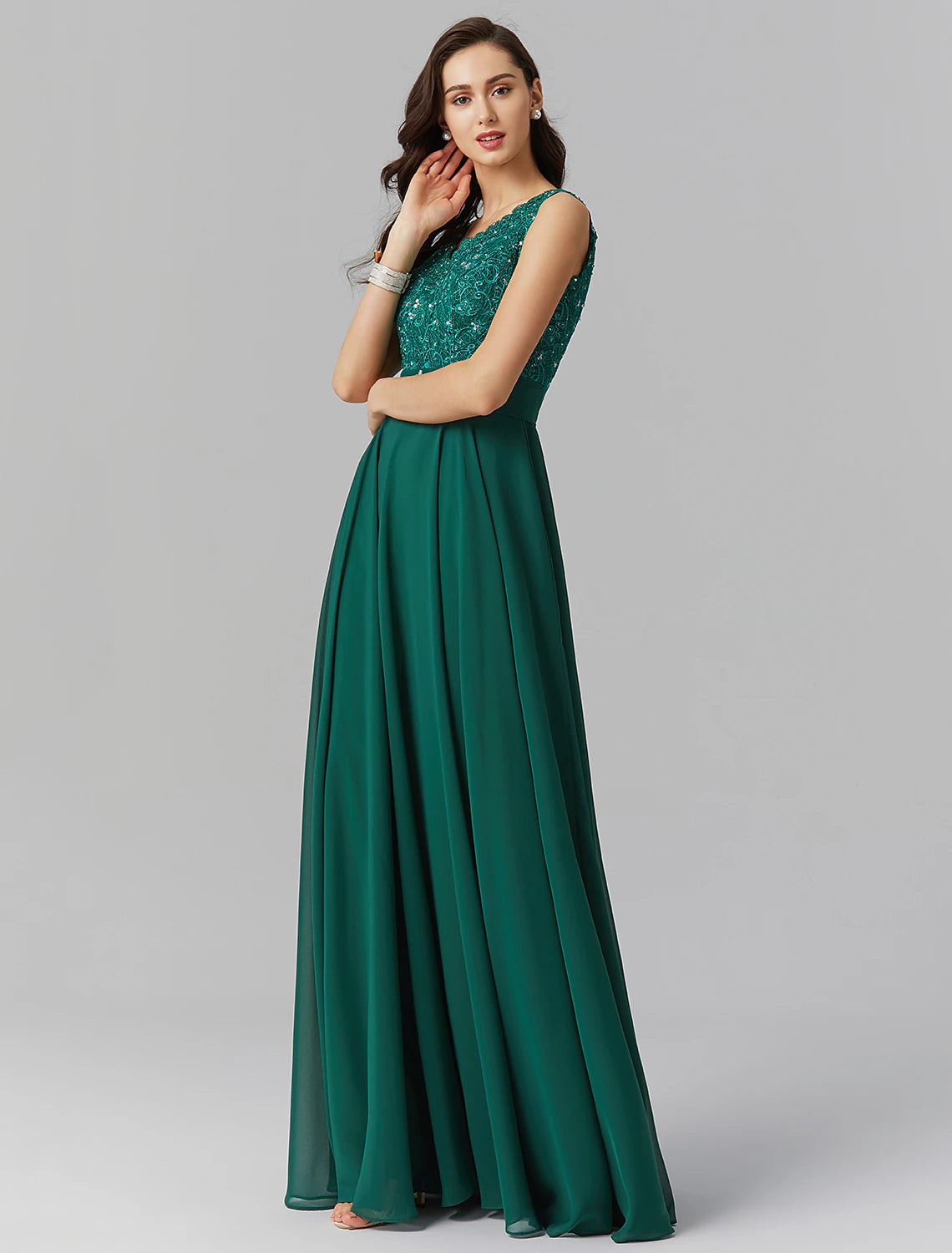 Elegant A-Line Chiffon Wedding Guest Dress - Floor Length, Sleeveless V-Neck with V-Back, Beaded Sash Ribbon | Perfect for Formal Events, Bridal Showers, and Evening Parties