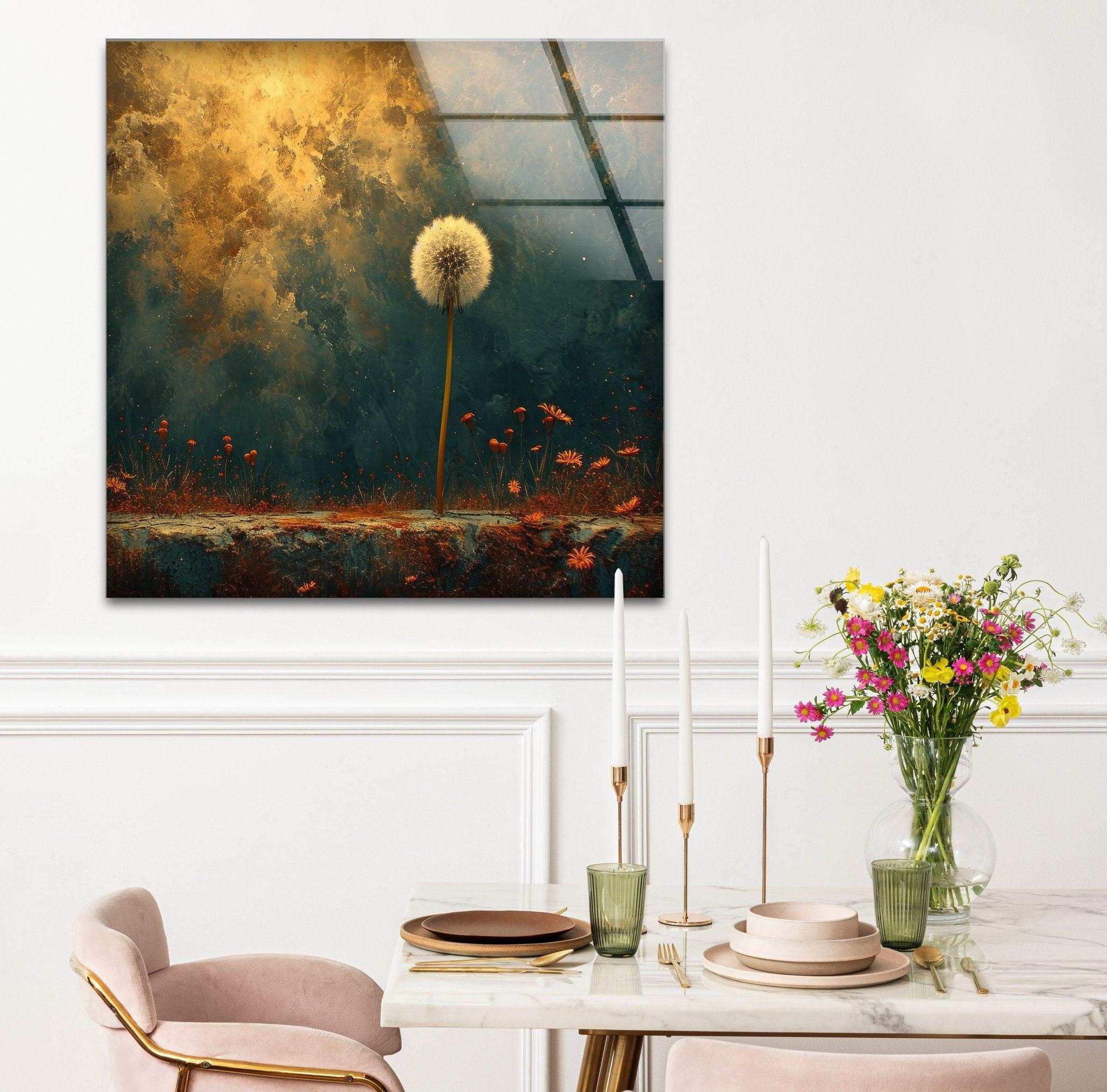 Abstract Dandelion Glass Wall Art - Handmade Modern Home Decor for Living Room, Bedroom & Office - Unique Glass Wall Hanging for Boho, Contemporary Interior Design