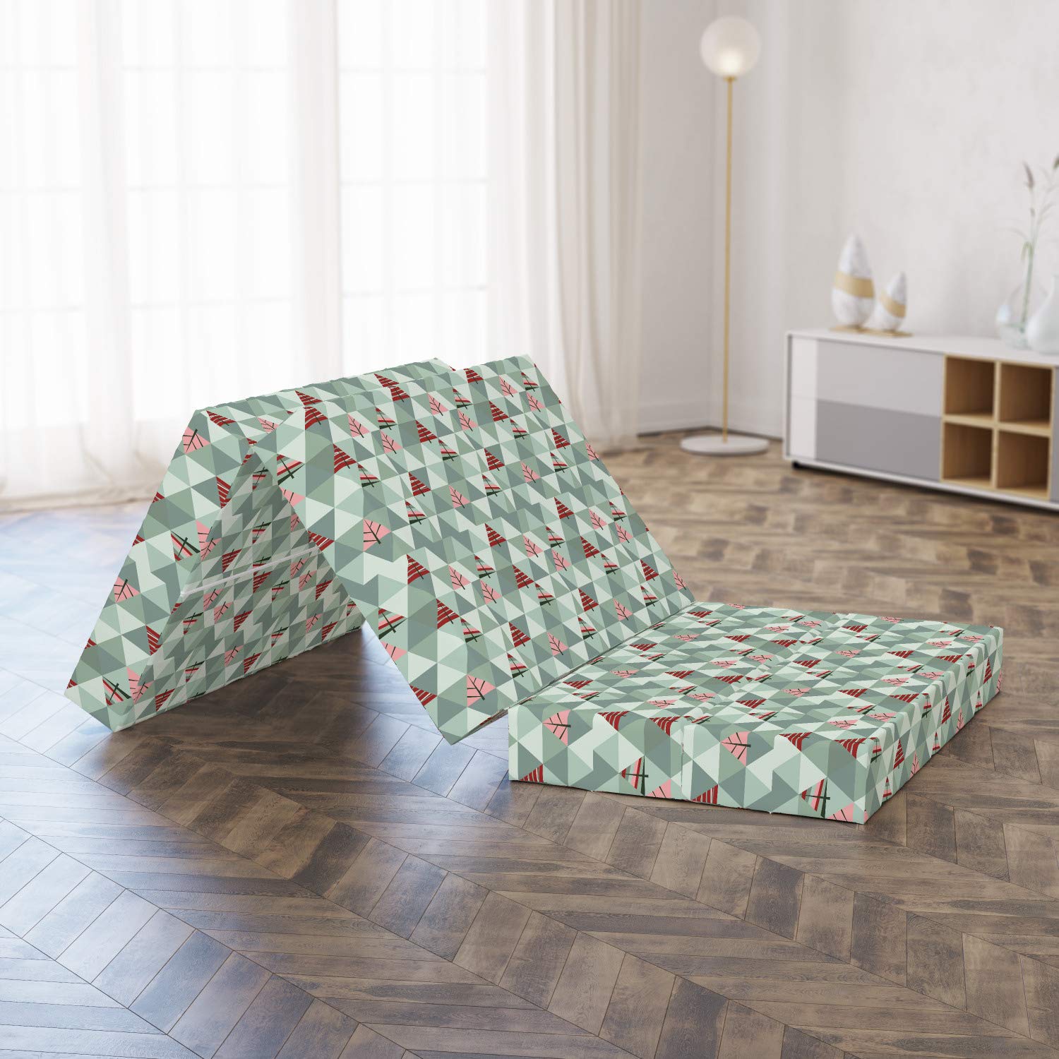 Ambesonne Tree Foldable Mattress with Geometric Triangle Design, 74.8