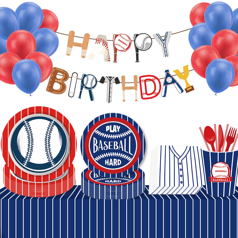 Baseball Party Supplies Set - 113PCS Disposable Dinner Plates, Dessert Plates, Cups, Napkins & Straws for 16 Guests - Perfect for Baseball Birthday Decorations, Team Parties & Sports Themed Events