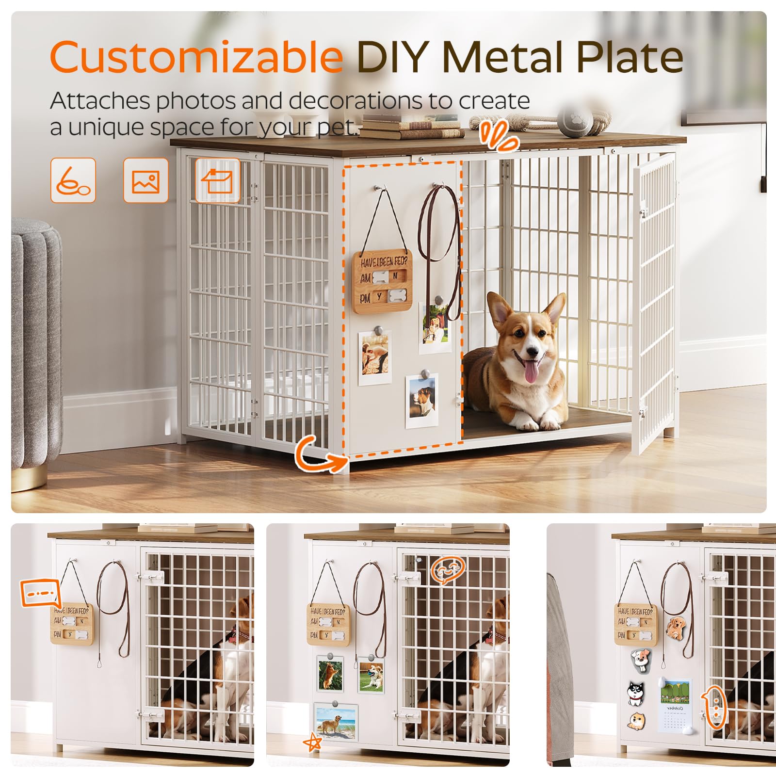 Foldable Dog Crate Furniture - Heavy Duty Wooden Dog Kennel with DIY Frame & Hooks - Indoor Dog Cage End Table for Small & Medium Dogs (White/Walnut) - Perfect for Living Rooms, Bedrooms & Pet-Friendly Spaces