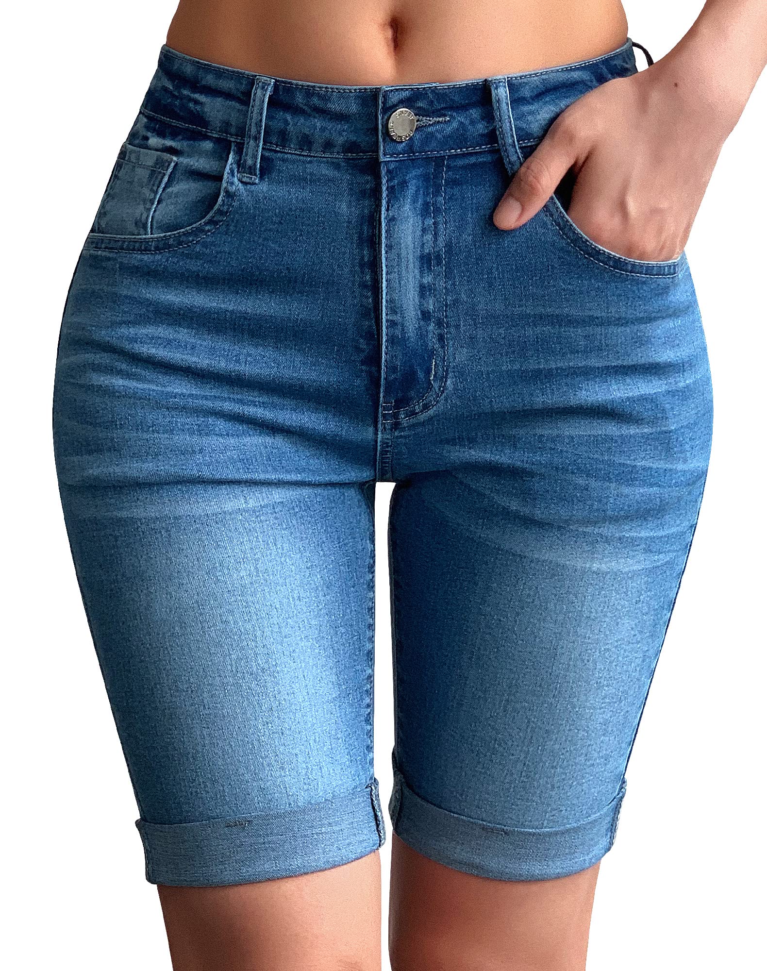 Roswear Women's Mid Rise Roll Cuff Bermuda Stretch Denim Jean Shorts - Comfortable Casual Summer Shorts for Beach, Travel & Everyday Wear