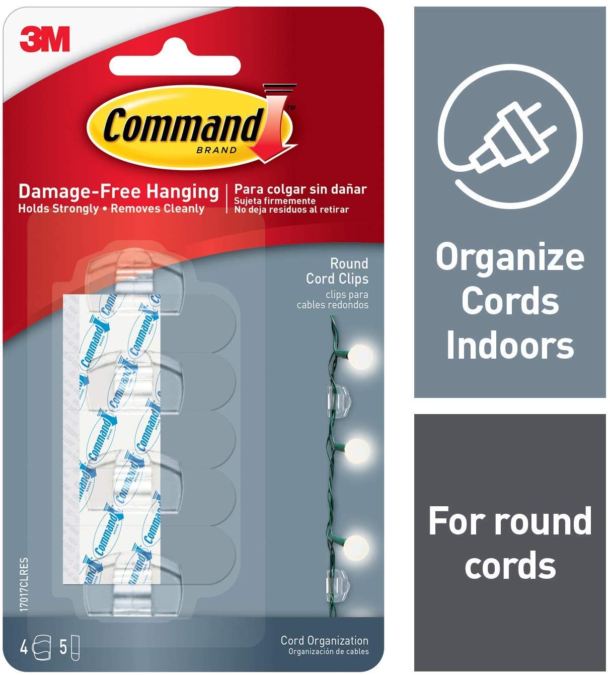 Command Clear Round Cord Clips - 6 Pack (24 Clips Total) - Damage-Free Hanging Solution for Organizing Cables, Wires & Holiday Lights - Perfect for Home, Office & Dorm Room Organization