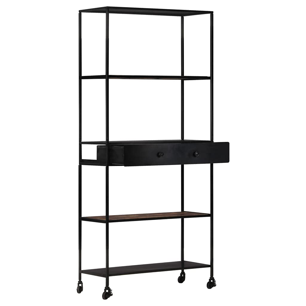 5-Tier Industrial Bookcase with Drawer & Wheels - Wood & Metal Bookshelf, Tall Floor Standing Storage Rack, 35.4