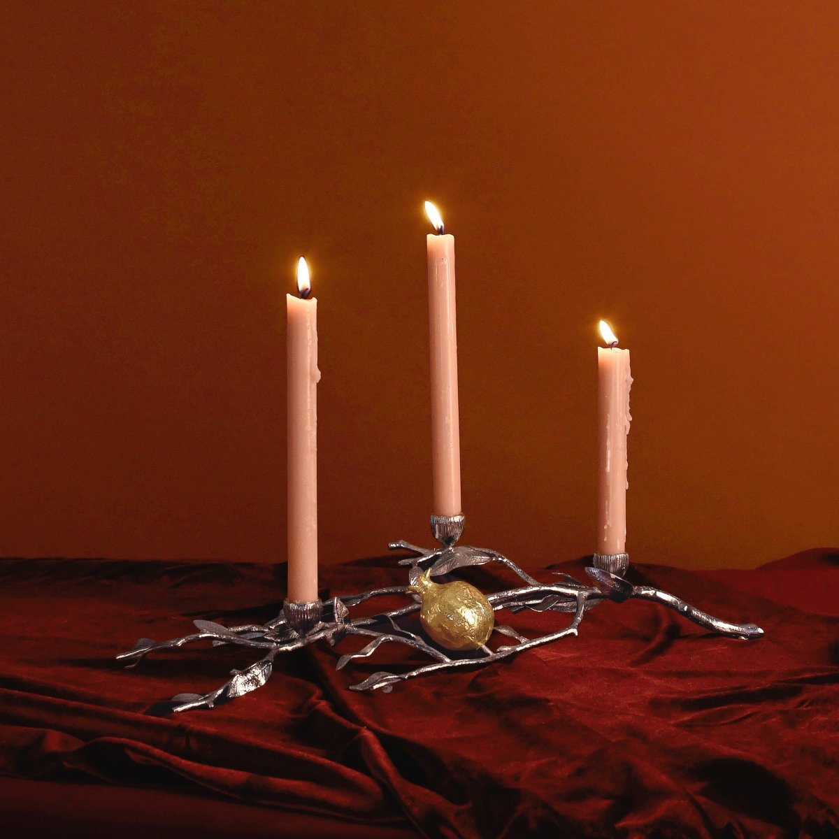 Elegant Pomegranate Silver & Gold Low Candle Holders - Set of 2 for Wedding Centerpieces, Romantic Dinner Decor, and Holiday Table Settings