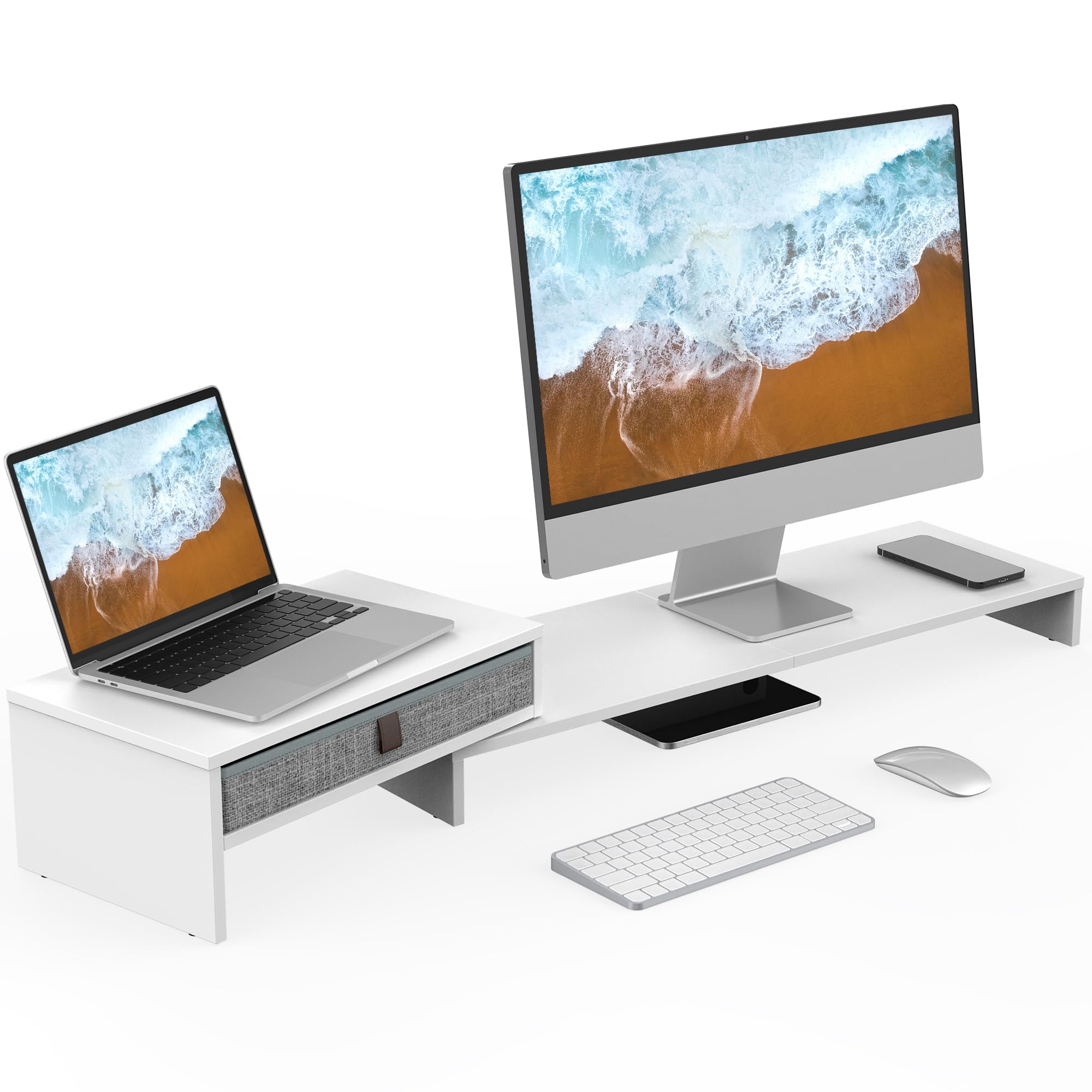 FENGE Dual Monitor Stand Riser with Storage Drawer - Adjustable 3-Tier Laptop & Screen Stand for Office, White | Perfect for Workspace Organization, Printer Shelf & Multi-Monitor Setup
