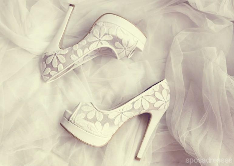 Elegant White Lace Fish Toe High Heel Wedding Shoes for Brides - Perfect for Bridal Ceremonies, Proms, and Formal Events - Style S015